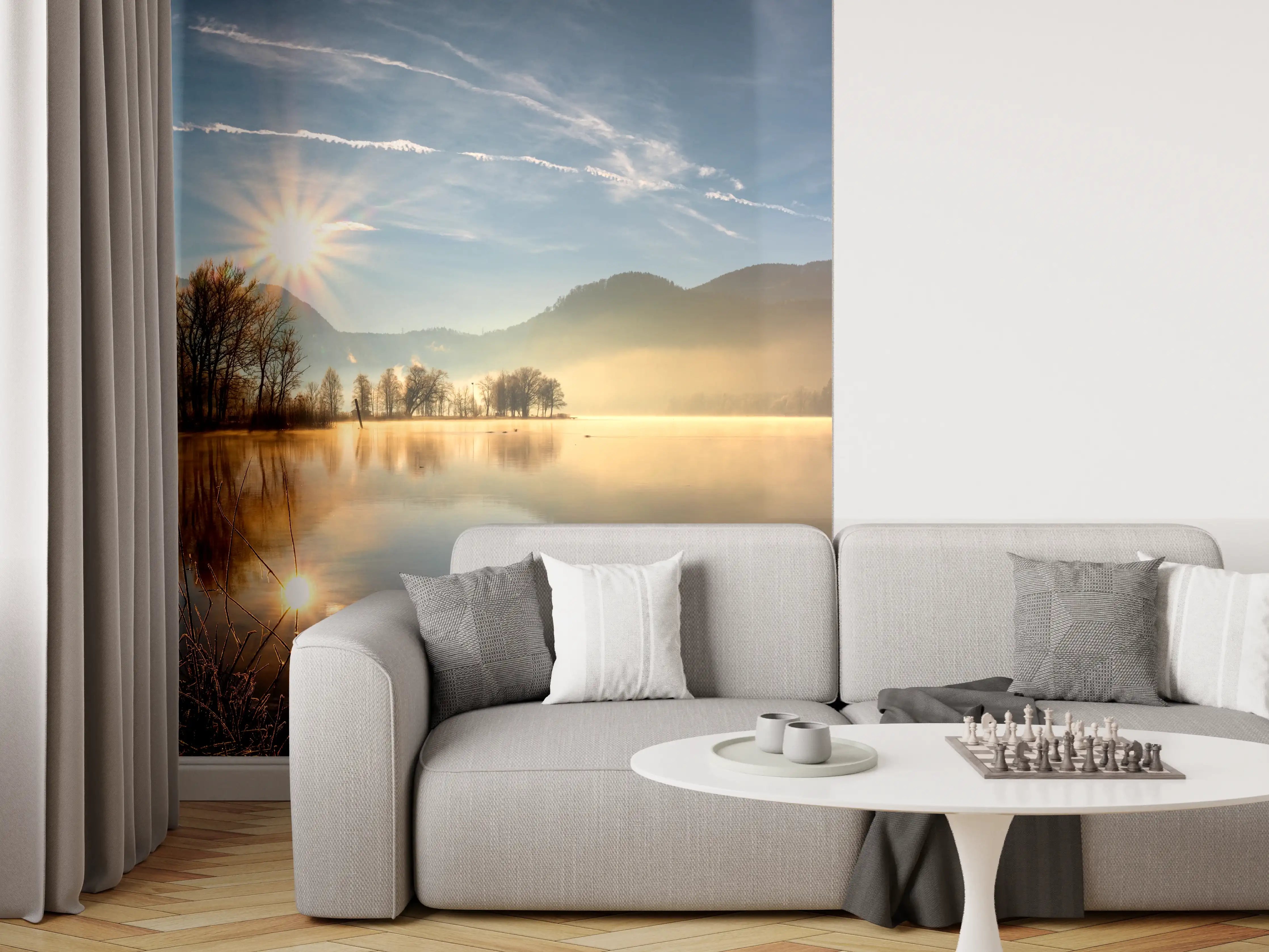 Wandverkleidung Wohnzimmer - Morgensonnenblick auf den Bayerischen Kochelsee