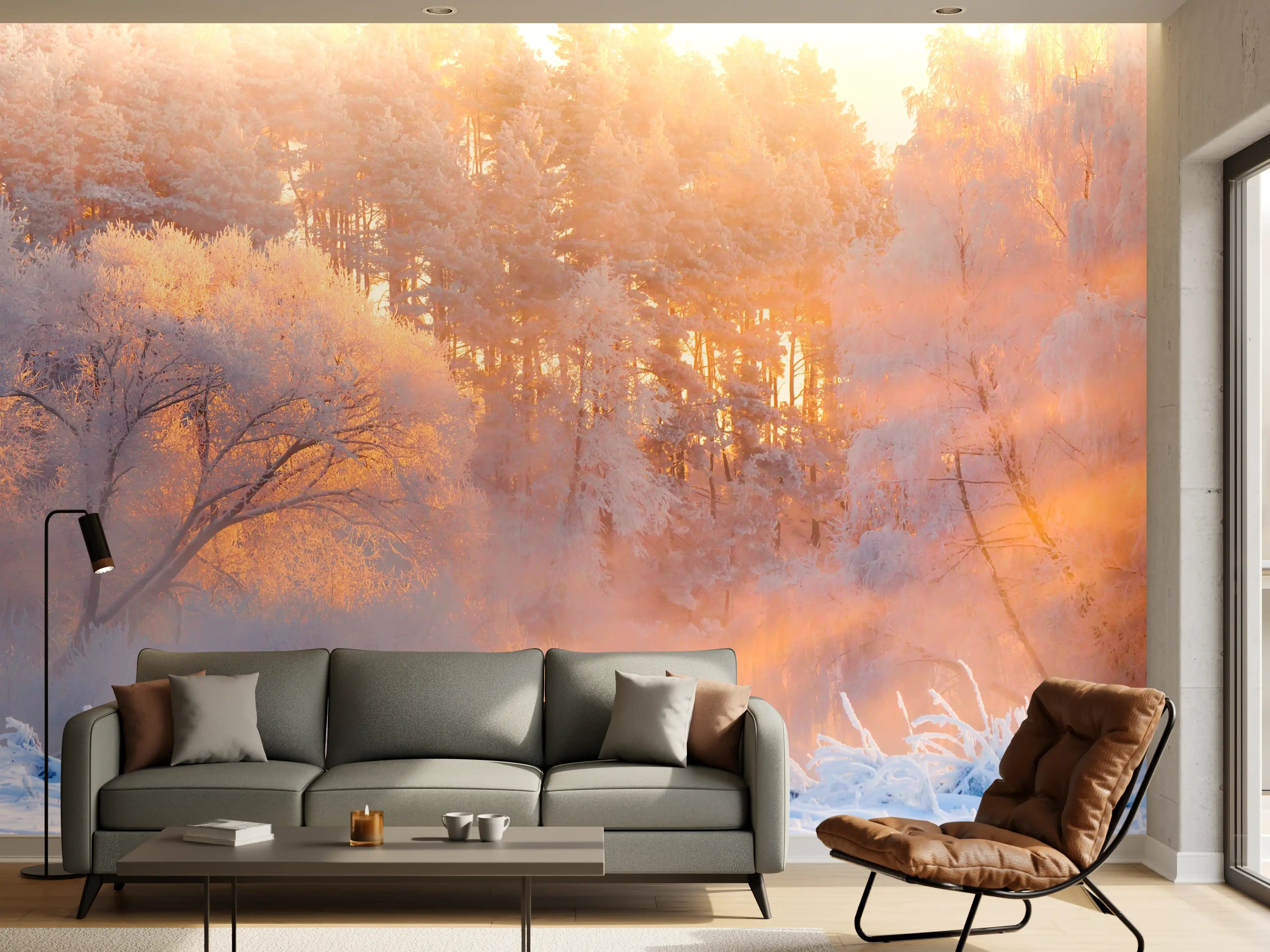 Wandverkleidung Wohnzimmer - Morgenstimmung im Winterwald