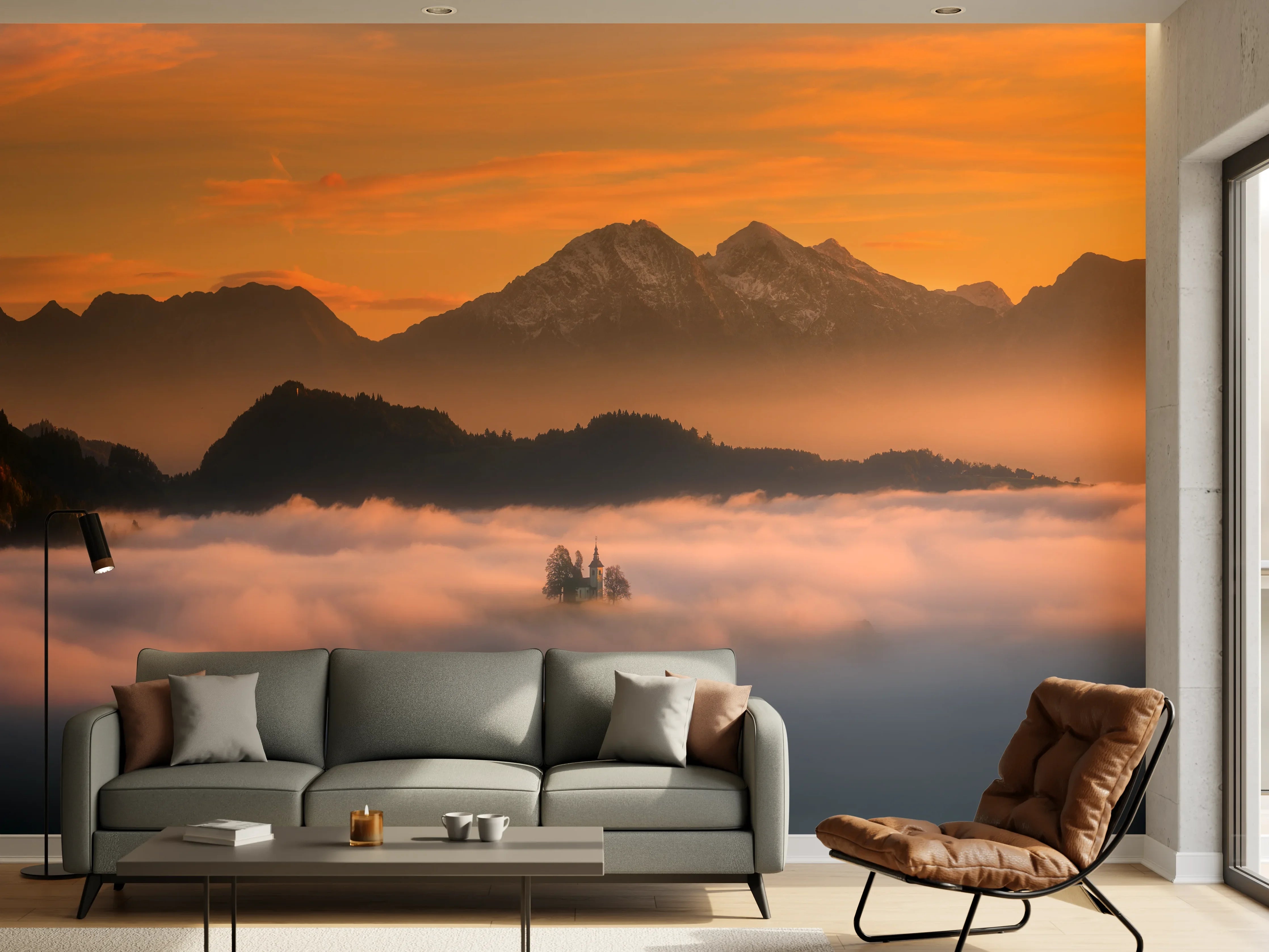 Wandverkleidung Wohnzimmer - Morgenstimmung in den Bergen