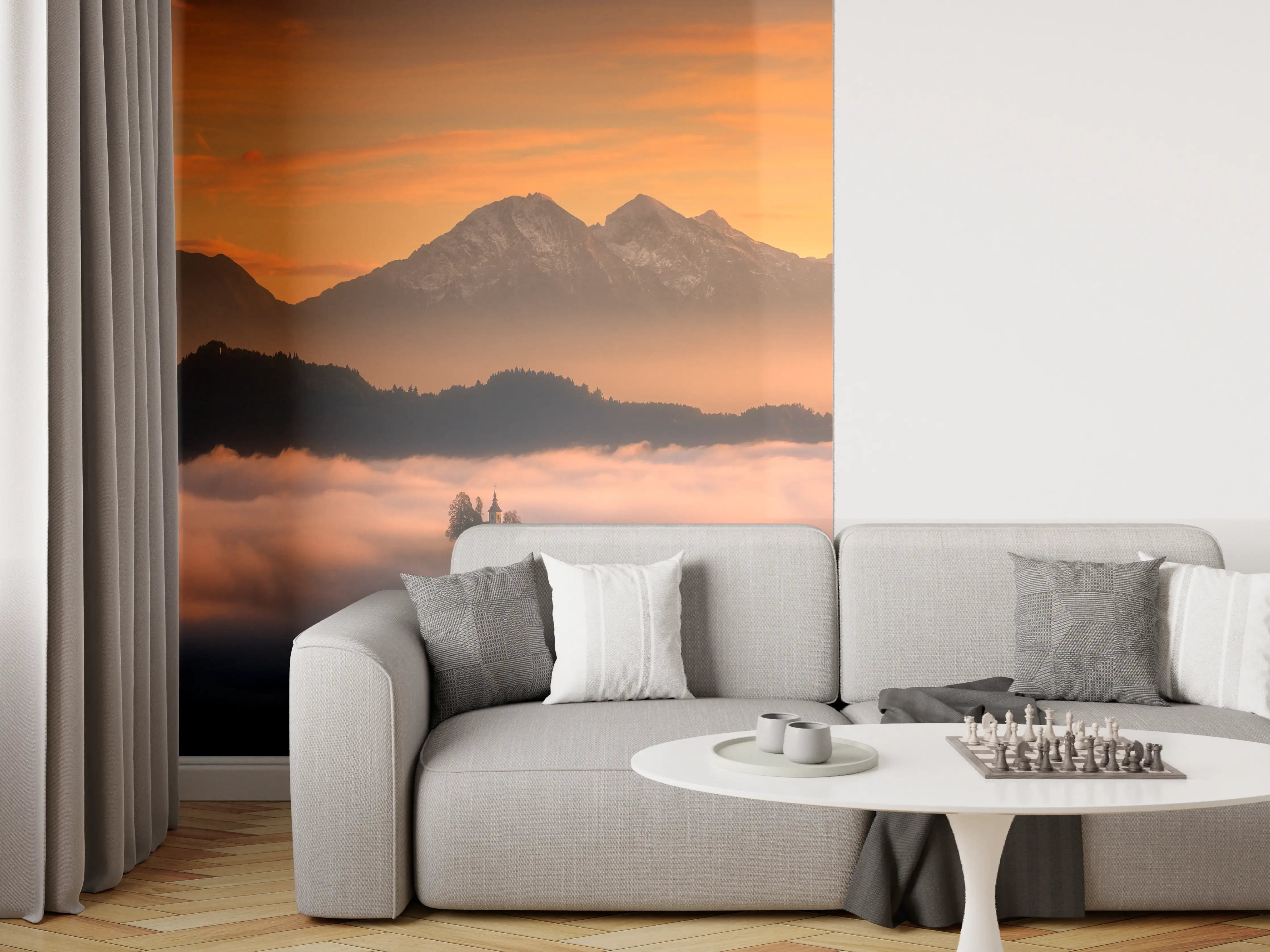 Wandverkleidung Wohnzimmer - Morgenstimmung in den Bergen