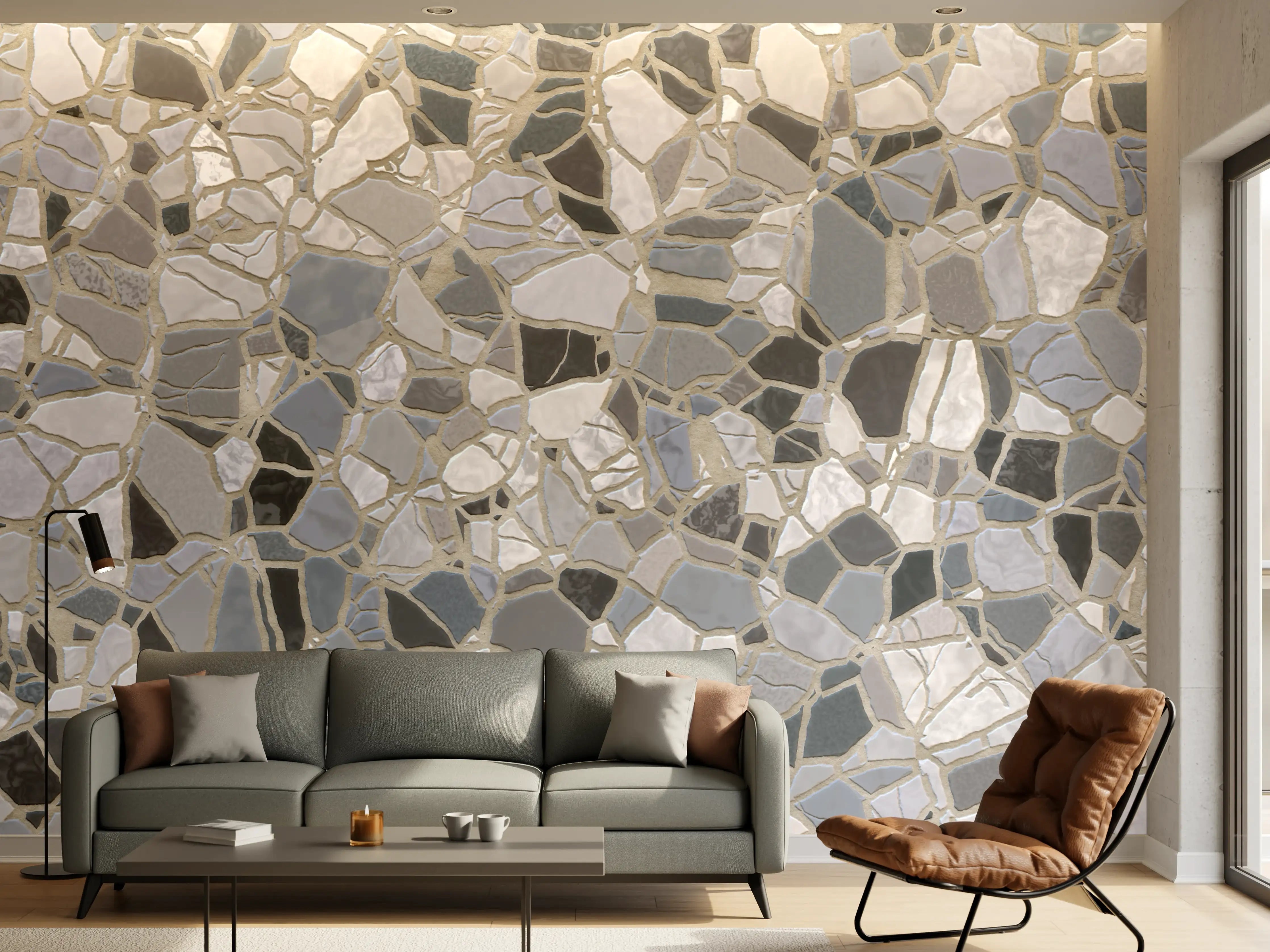 Wandverkleidung Wohnzimmer - Mosaikstein Bodenbelag in neutralen Tönen