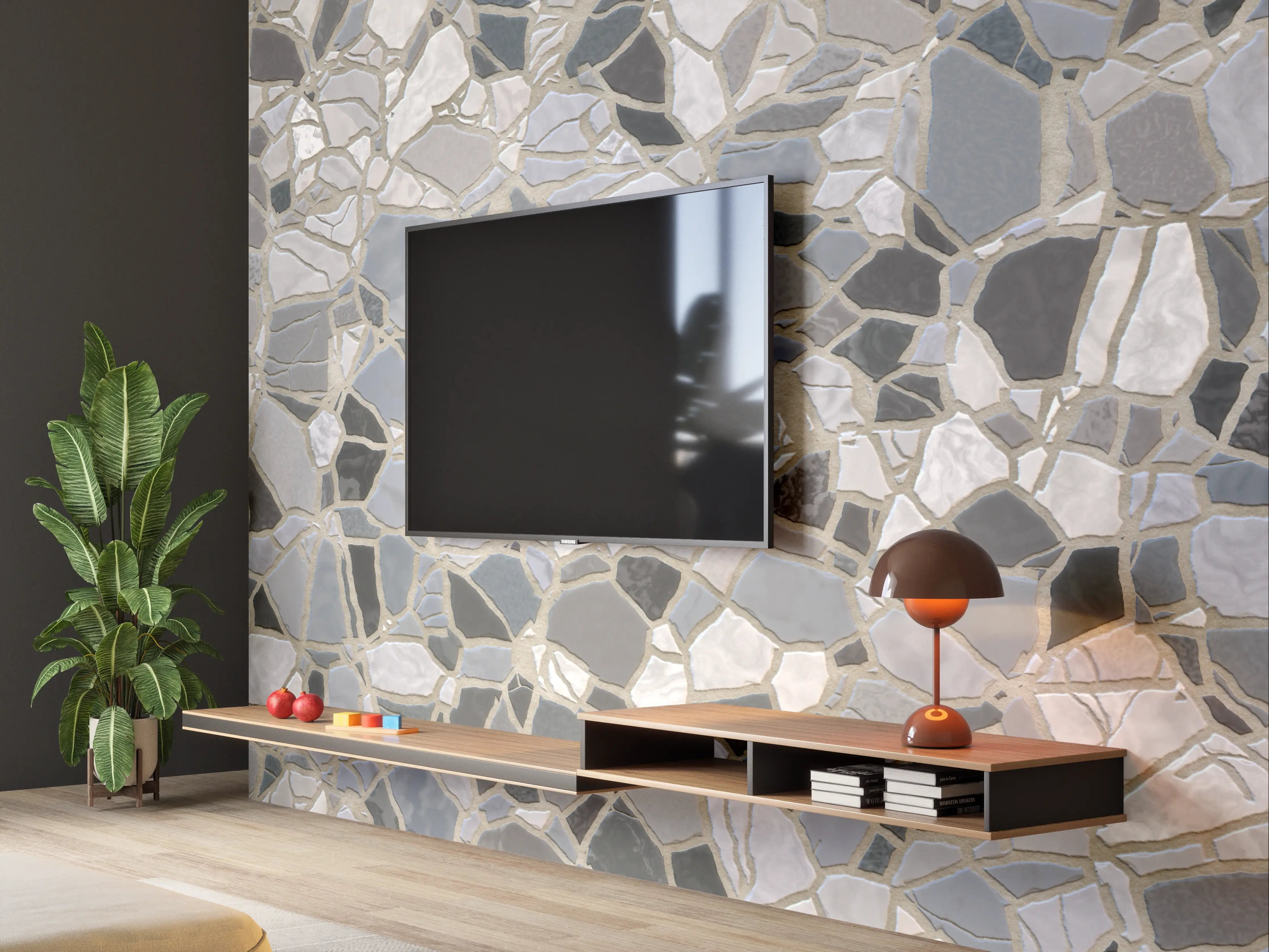 Wandverkleidung Wohnzimmer - Mosaikstein Bodenbelag in neutralen Tönen