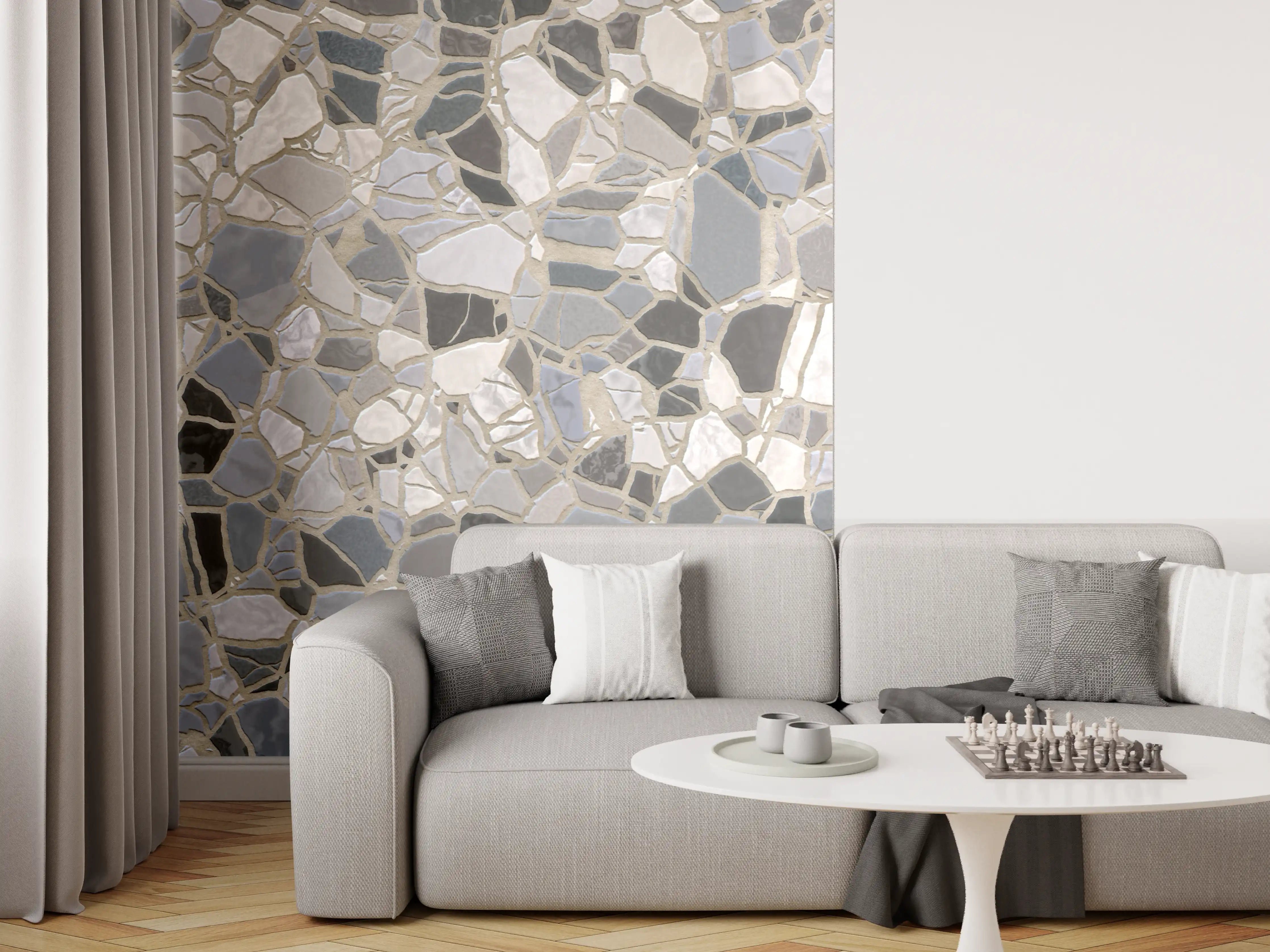 Wandverkleidung Wohnzimmer - Mosaikstein Bodenbelag in neutralen Tönen