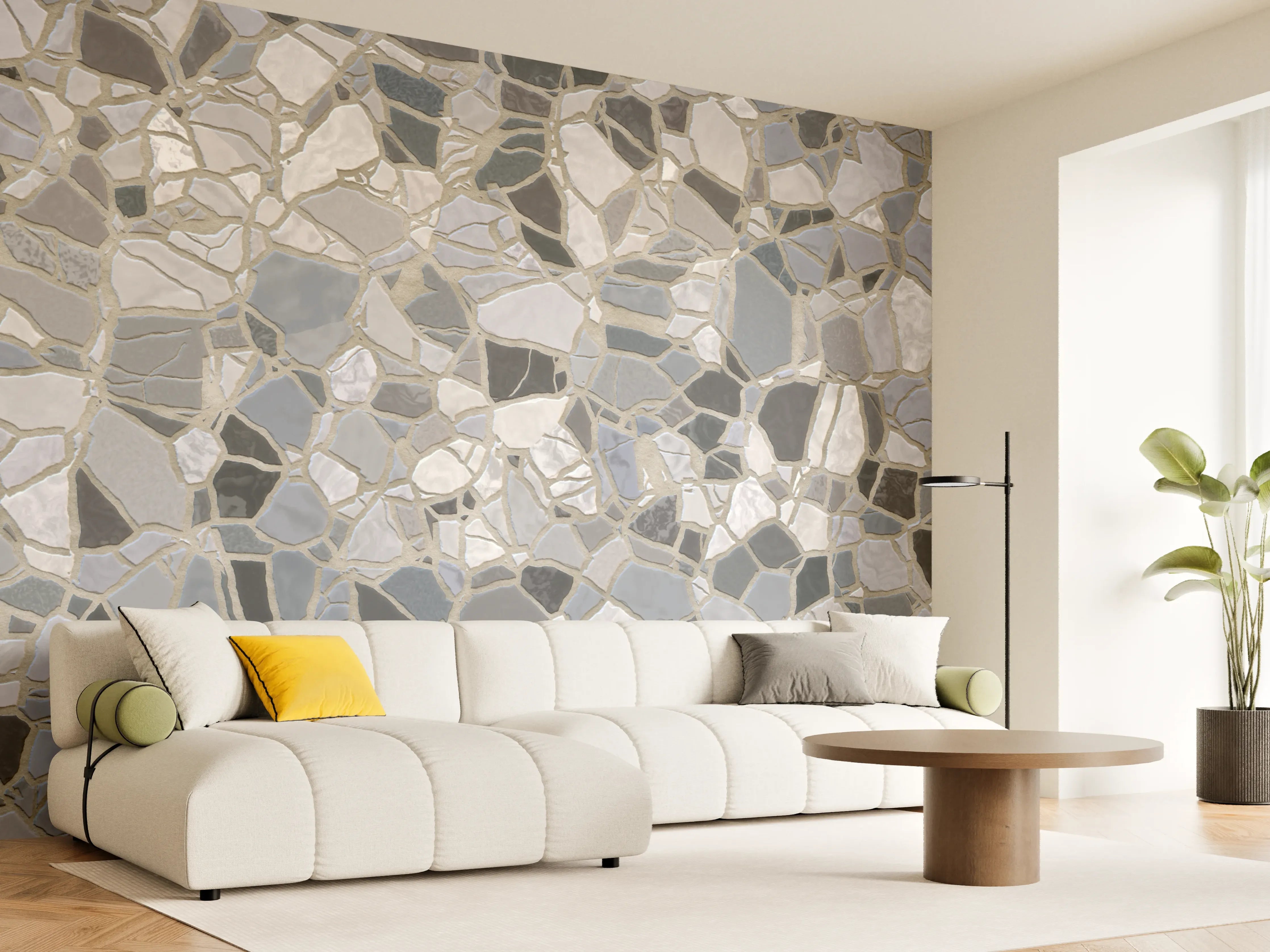 Wandverkleidung Wohnzimmer - Mosaikstein Bodenbelag in neutralen Tönen