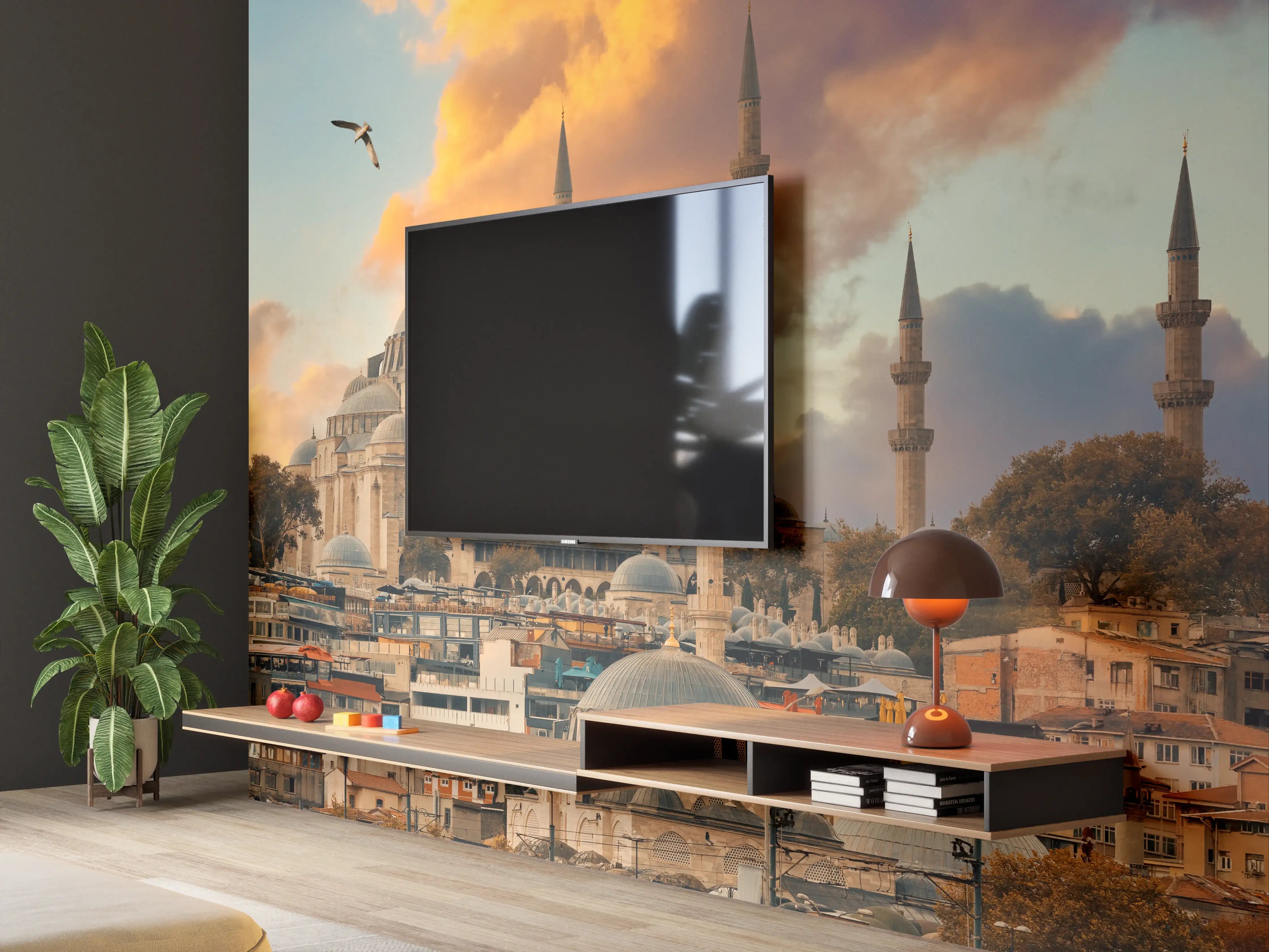 Wandverkleidung Wohnzimmer - Moscheen und Skyline bei Sonnenuntergang