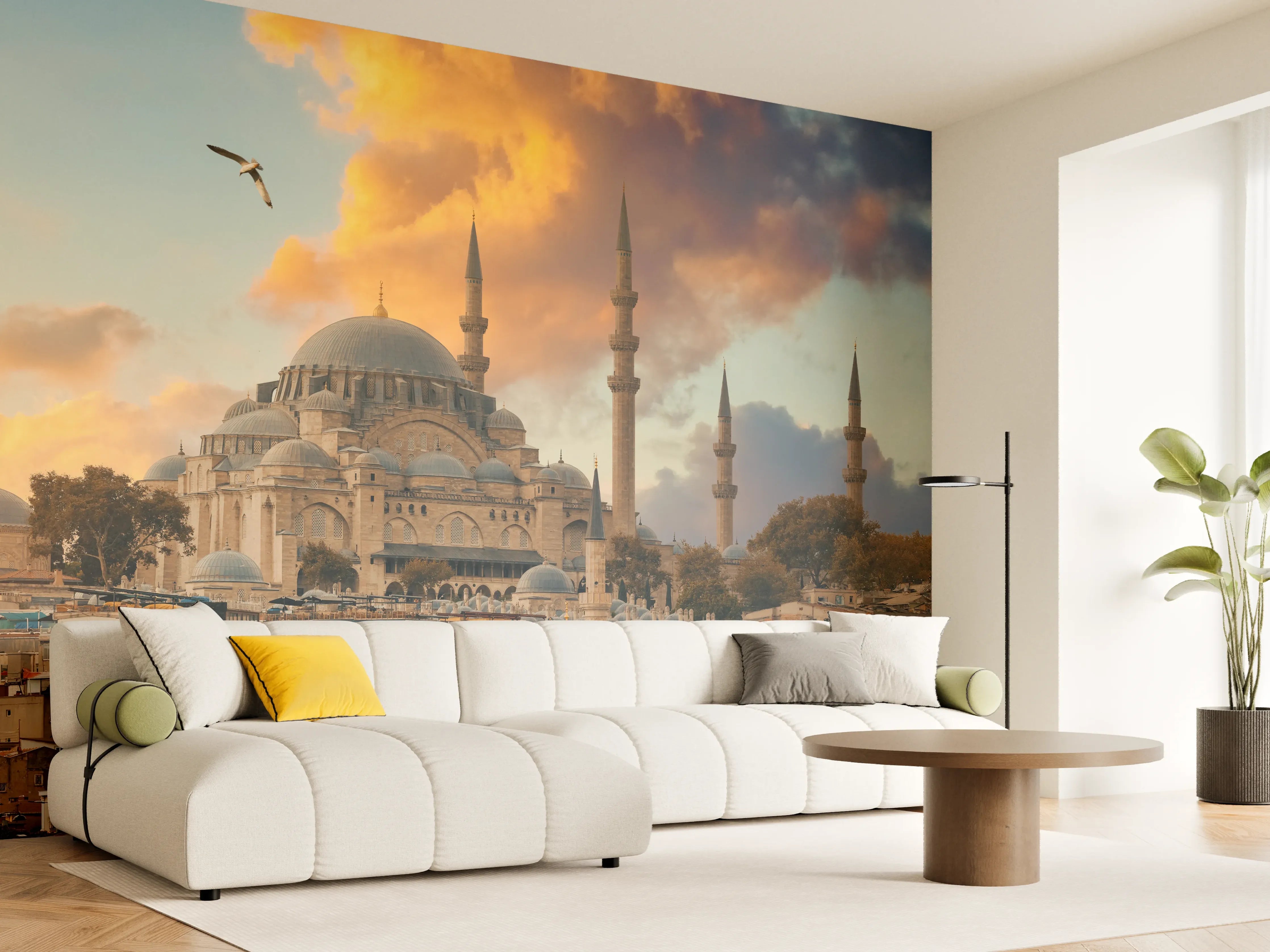 Wandverkleidung Wohnzimmer - Moscheen und Skyline bei Sonnenuntergang