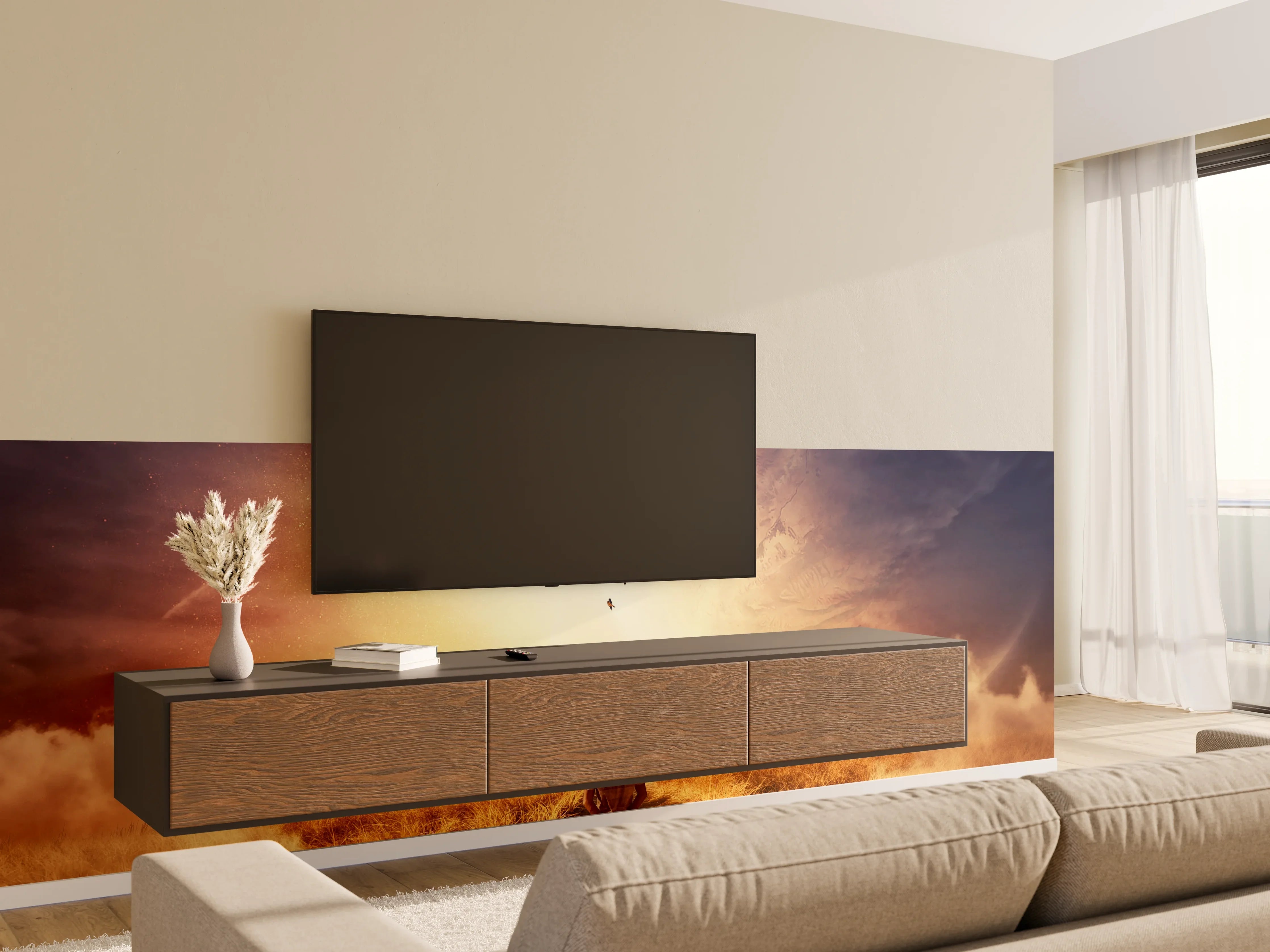 Wandverkleidung Wohnzimmer - Motiv mit Sonnenuntergang und Vogelzug
