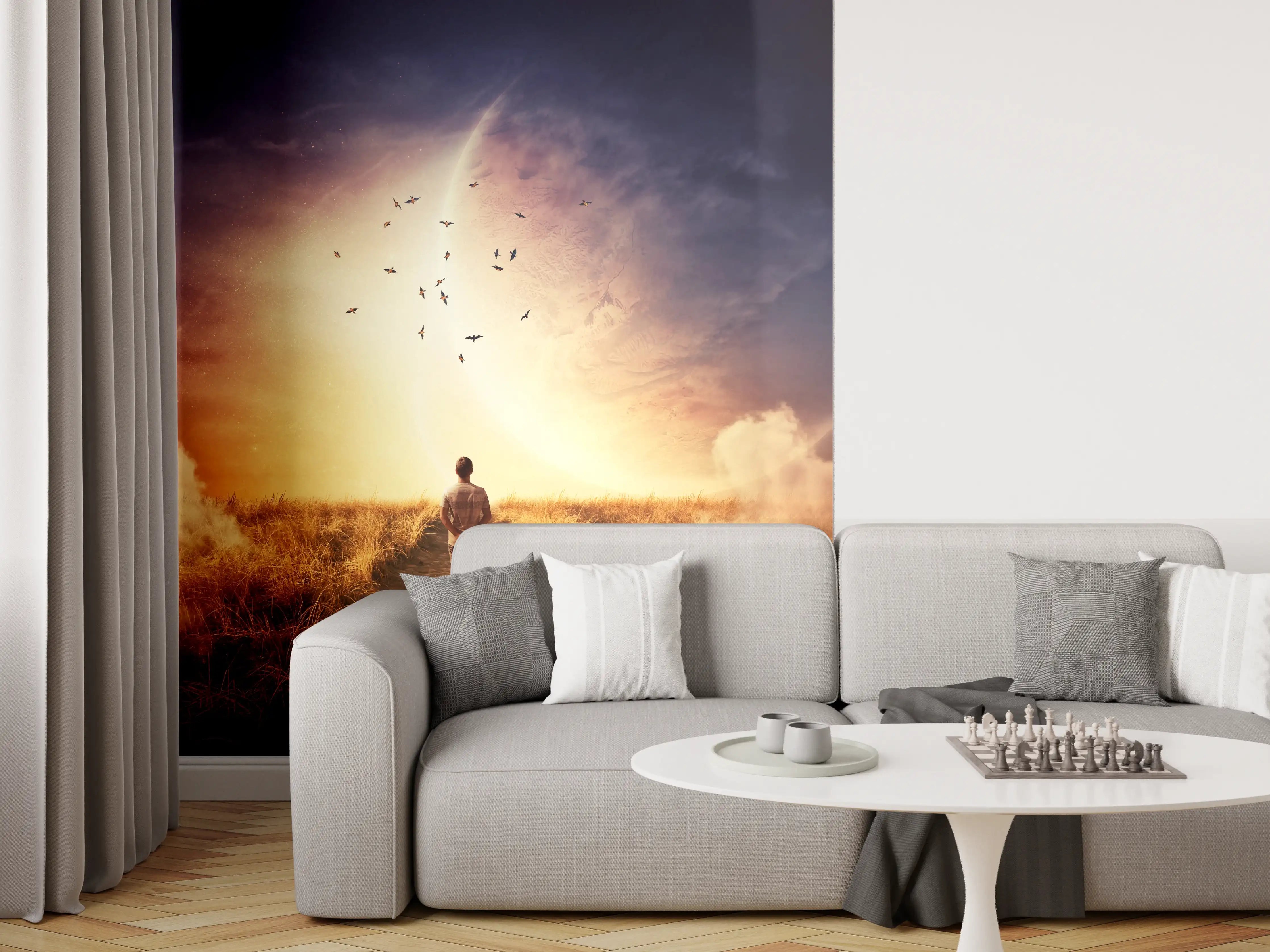 Wandverkleidung Wohnzimmer - Motiv mit Sonnenuntergang und Vogelzug