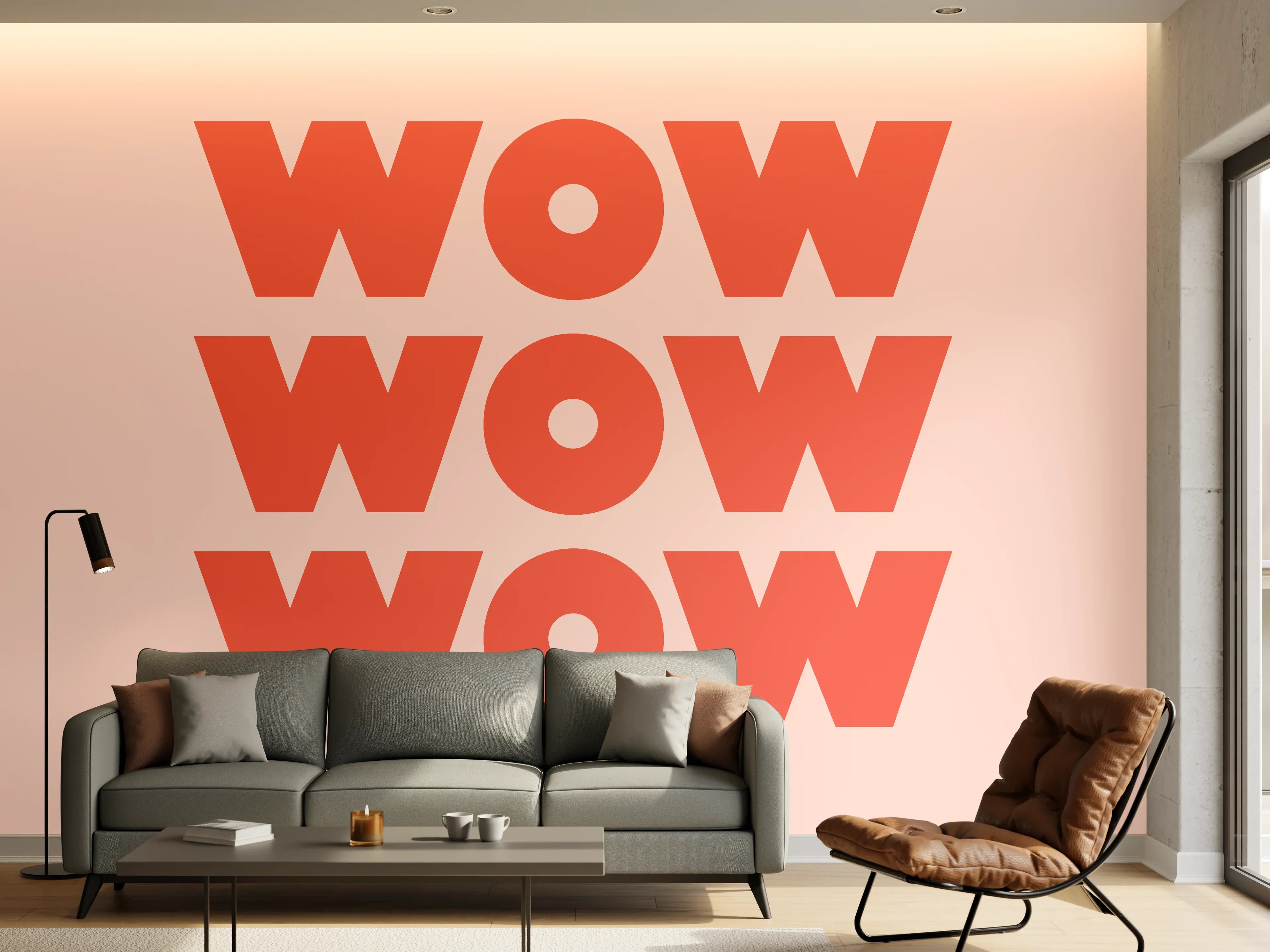 Wandverkleidung Wohnzimmer - Motivationaler 'WOW' Typografie-Print