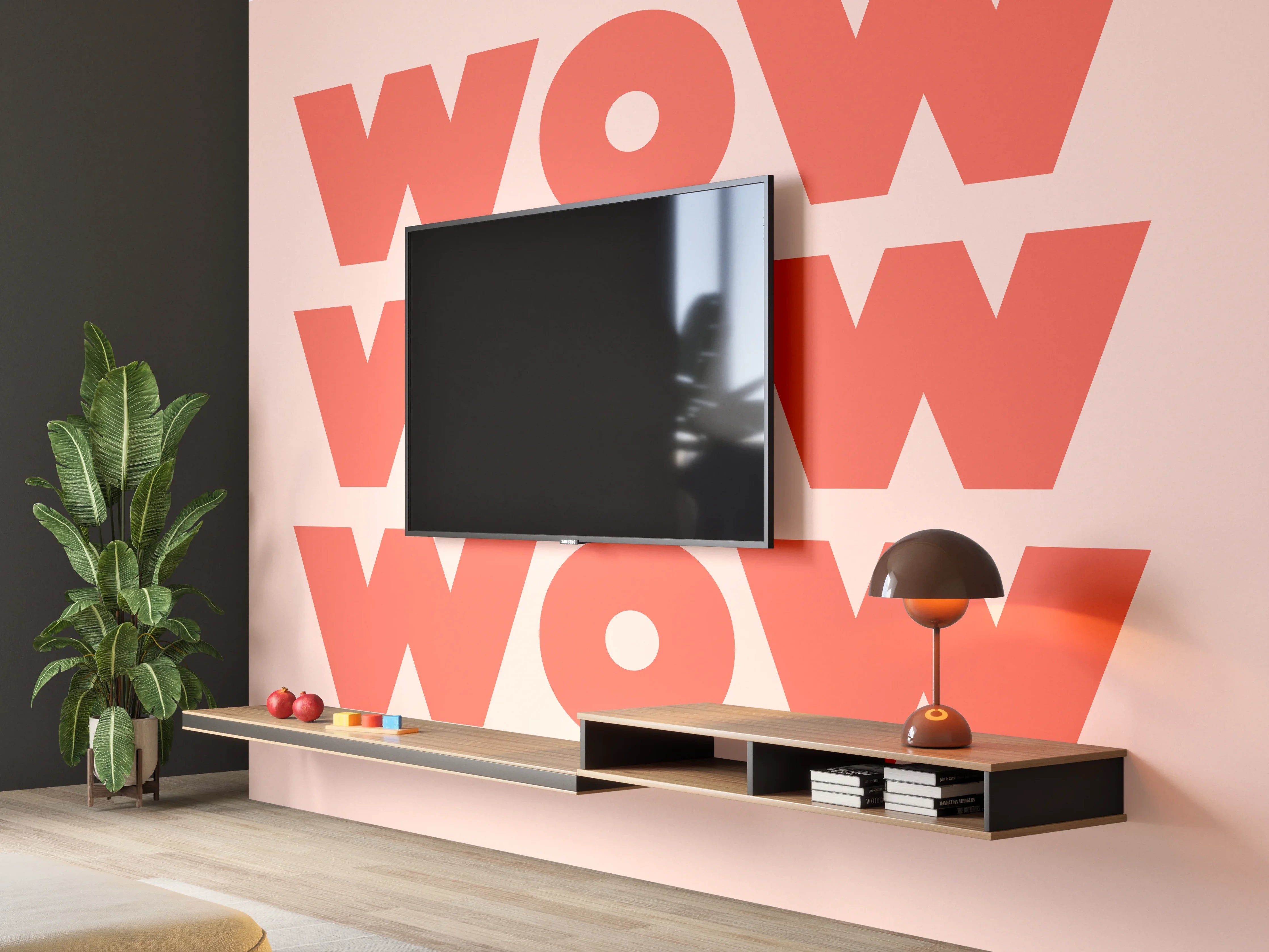 Wandverkleidung Wohnzimmer - Motivationaler 'WOW' Typografie-Print