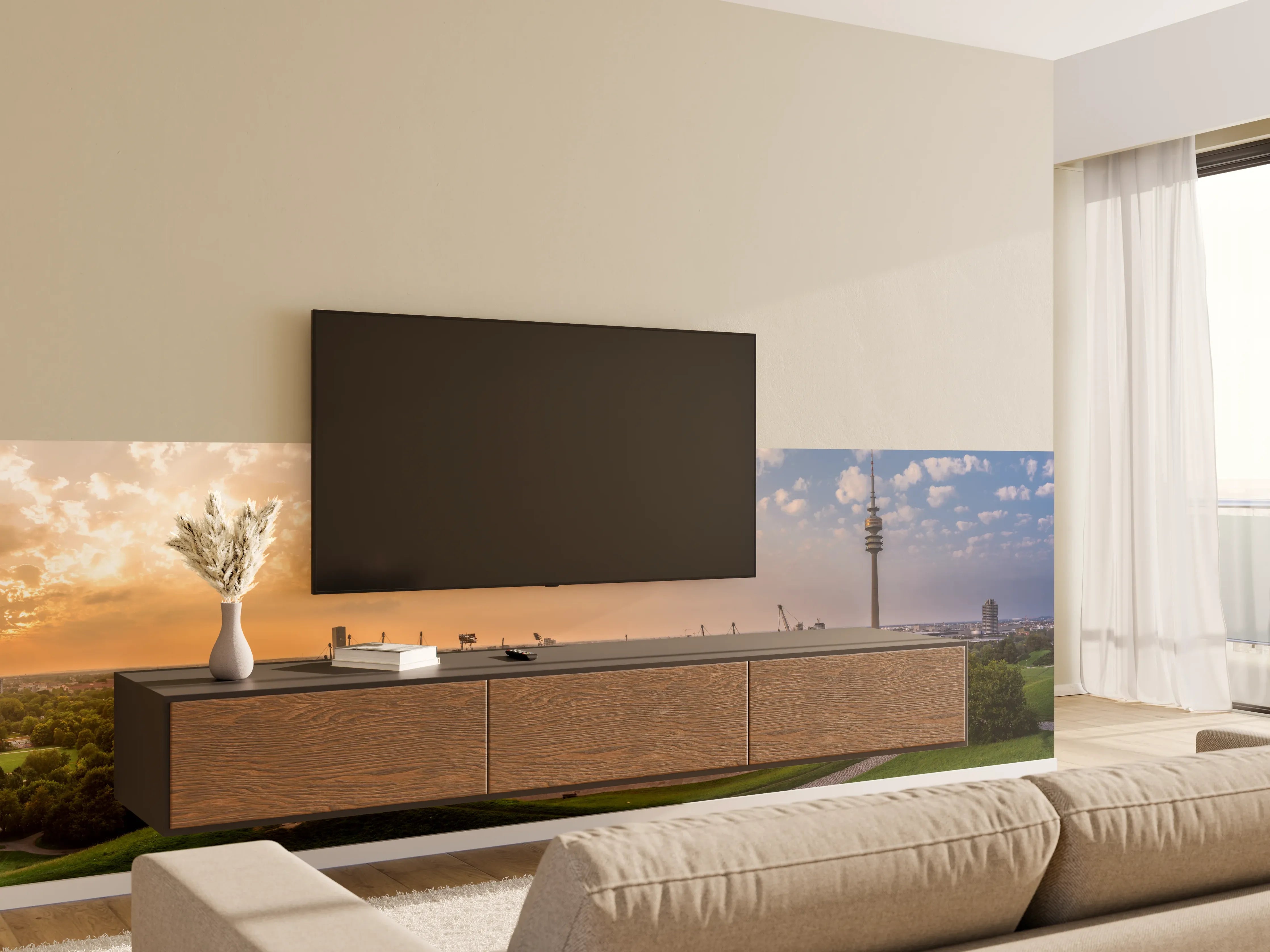 Wandverkleidung Wohnzimmer - München Olympiaberg mit Sonnenuntergang