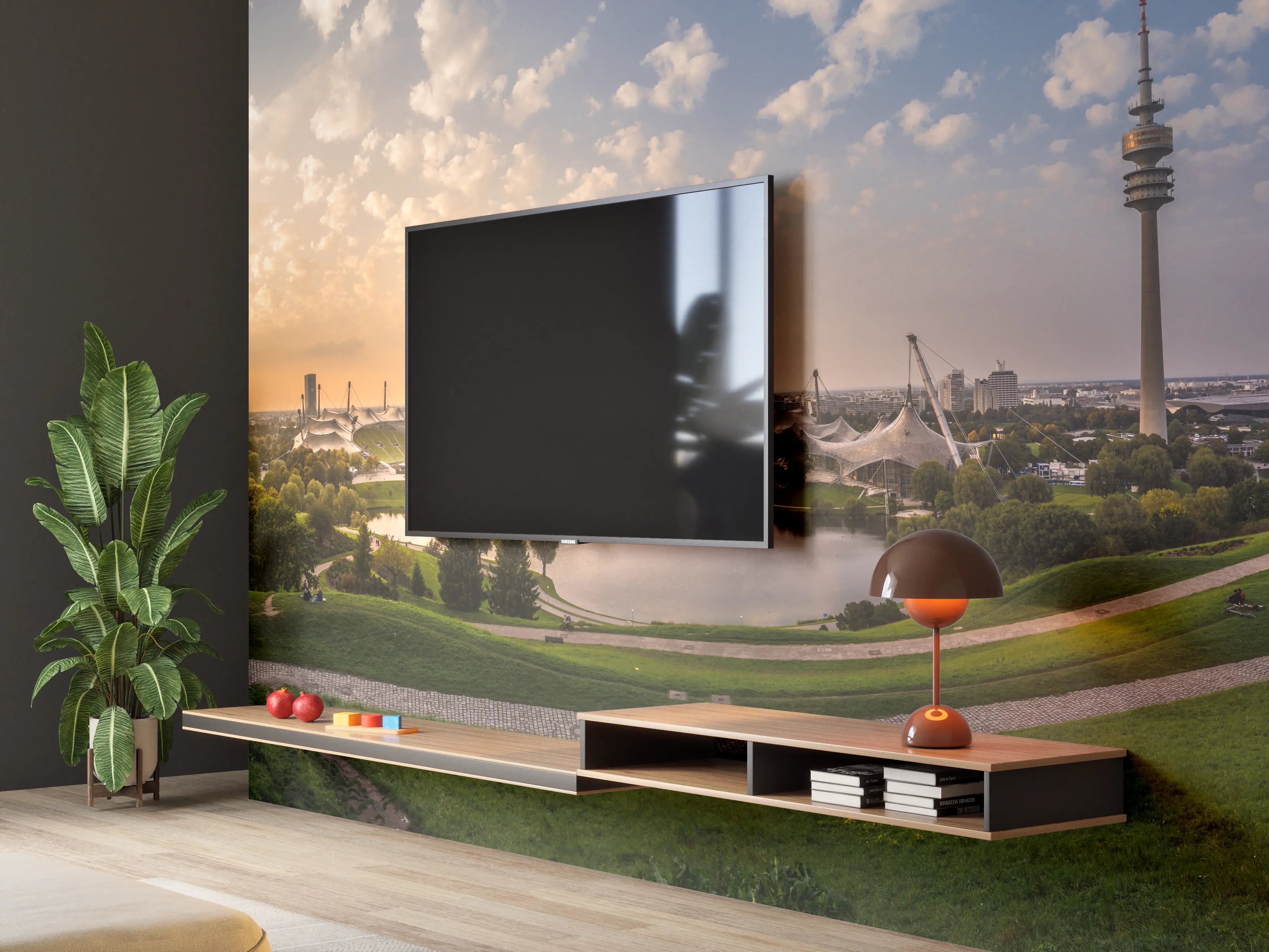 Wandverkleidung Wohnzimmer - München Olympiaberg mit Sonnenuntergang