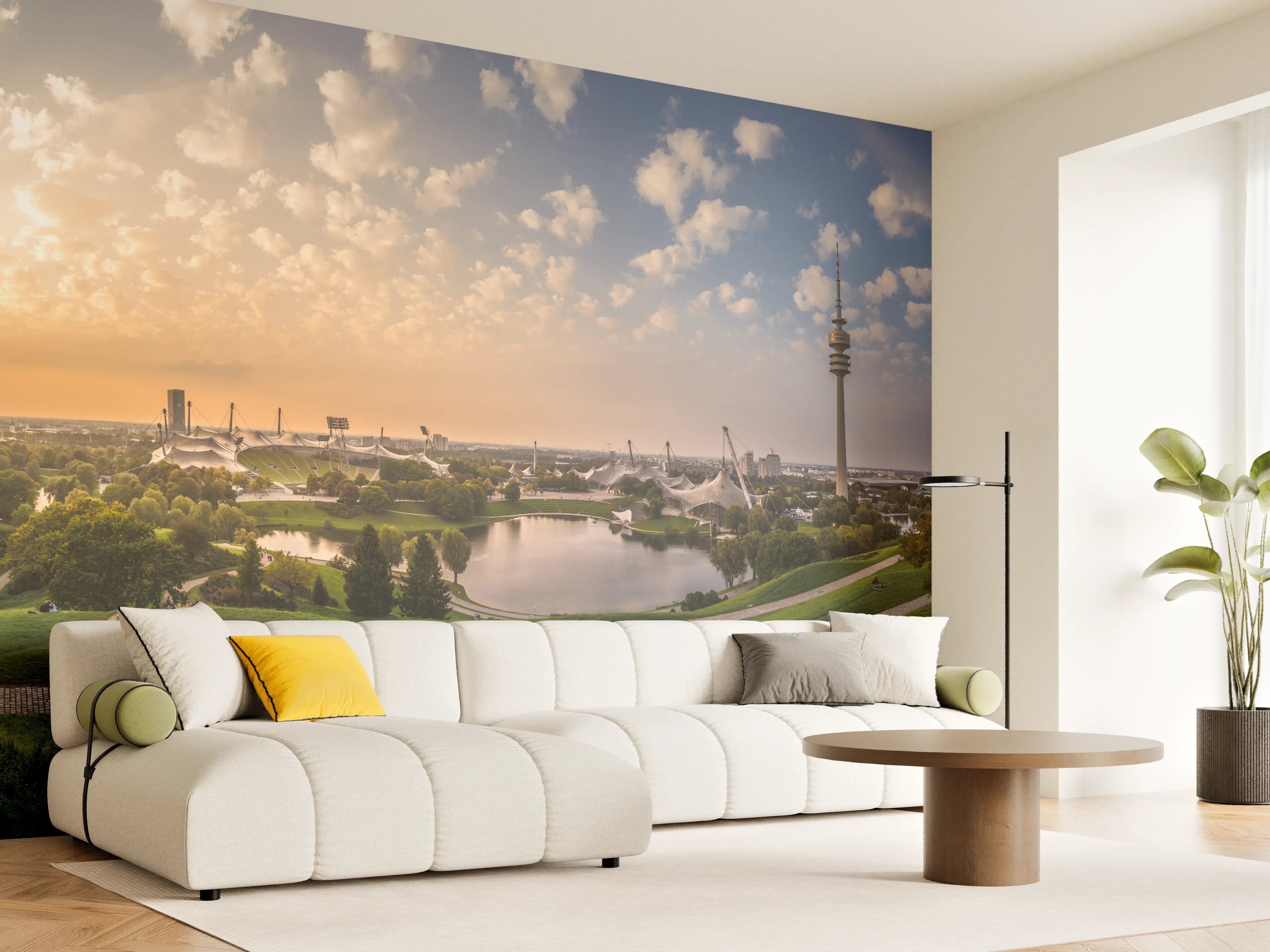 Wandverkleidung Wohnzimmer - München Olympiaberg mit Sonnenuntergang
