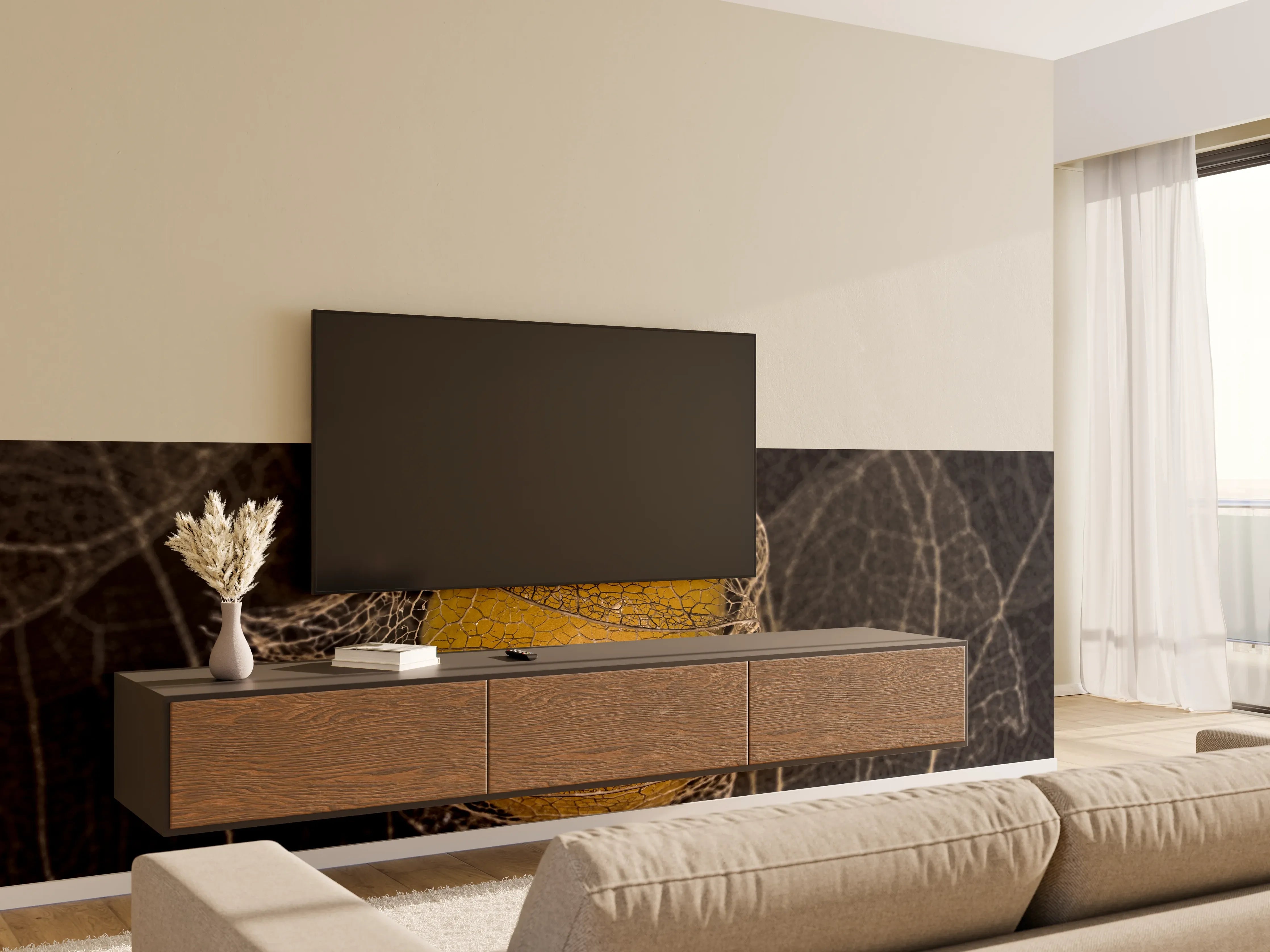 Wandverkleidung Wohnzimmer - Murmelnde Naturdetails in Schwarz-Weiß