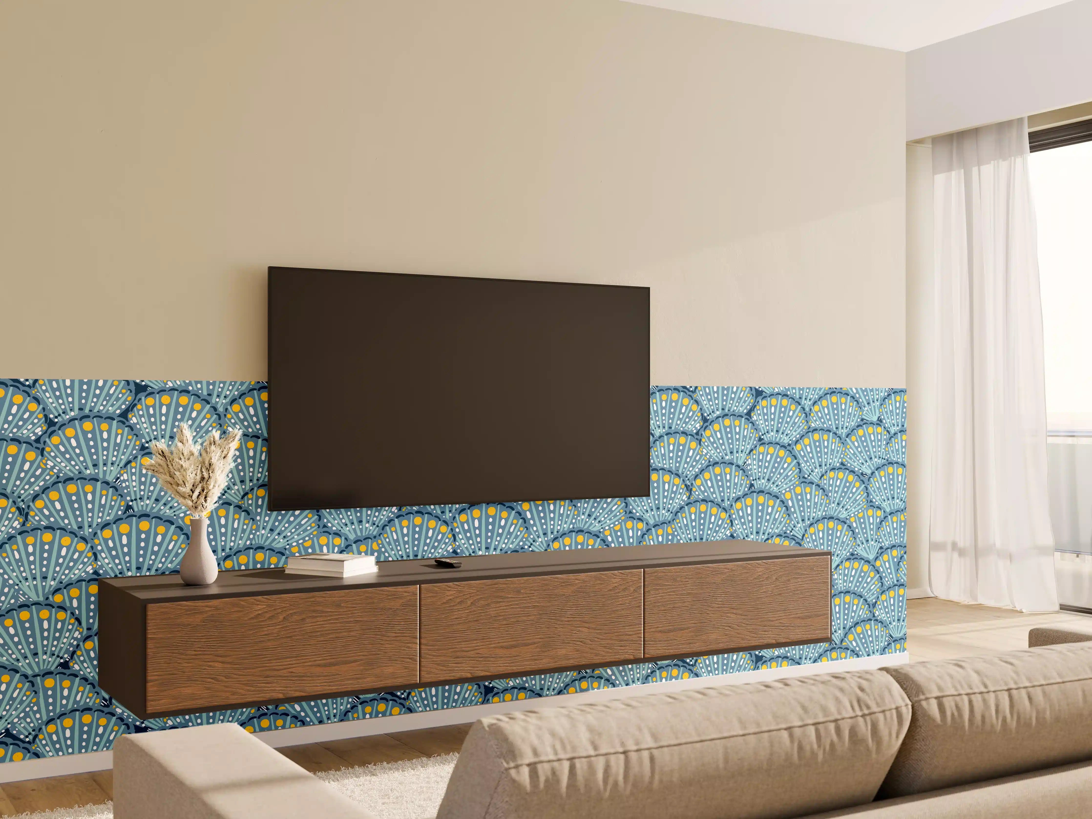 Wandverkleidung Wohnzimmer - Muschel-Muster Blau-Gelb
