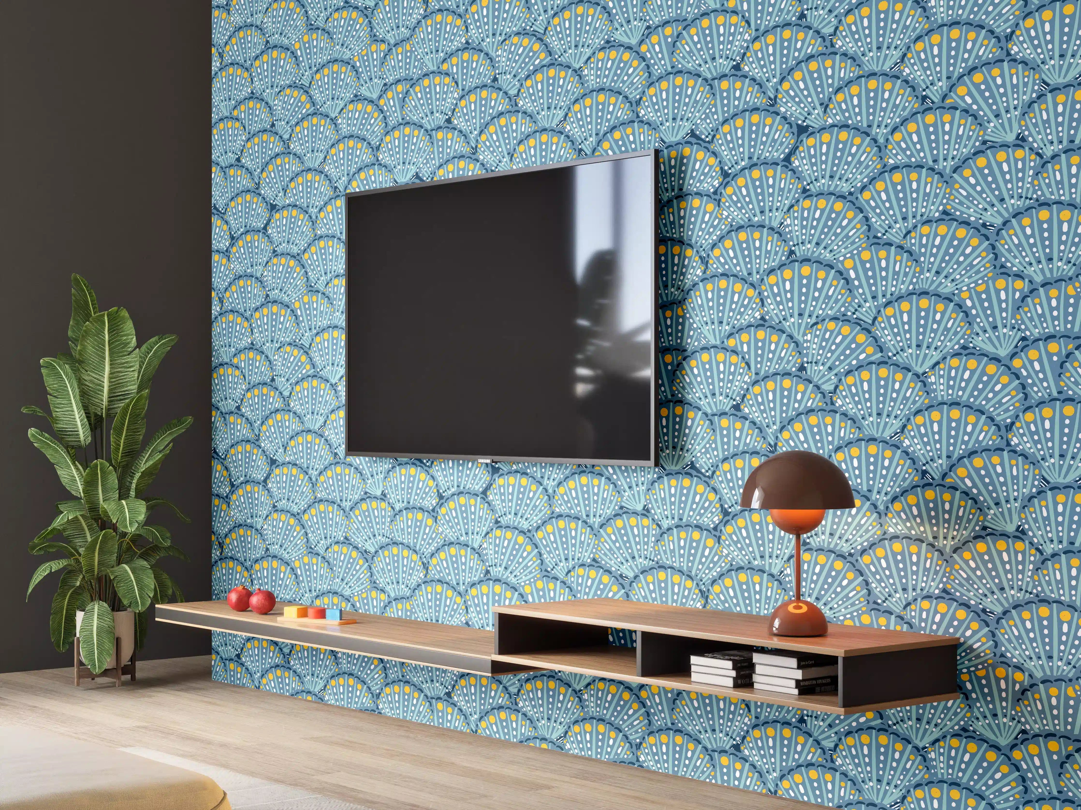 Wandverkleidung Wohnzimmer - Muschel-Muster Blau-Gelb