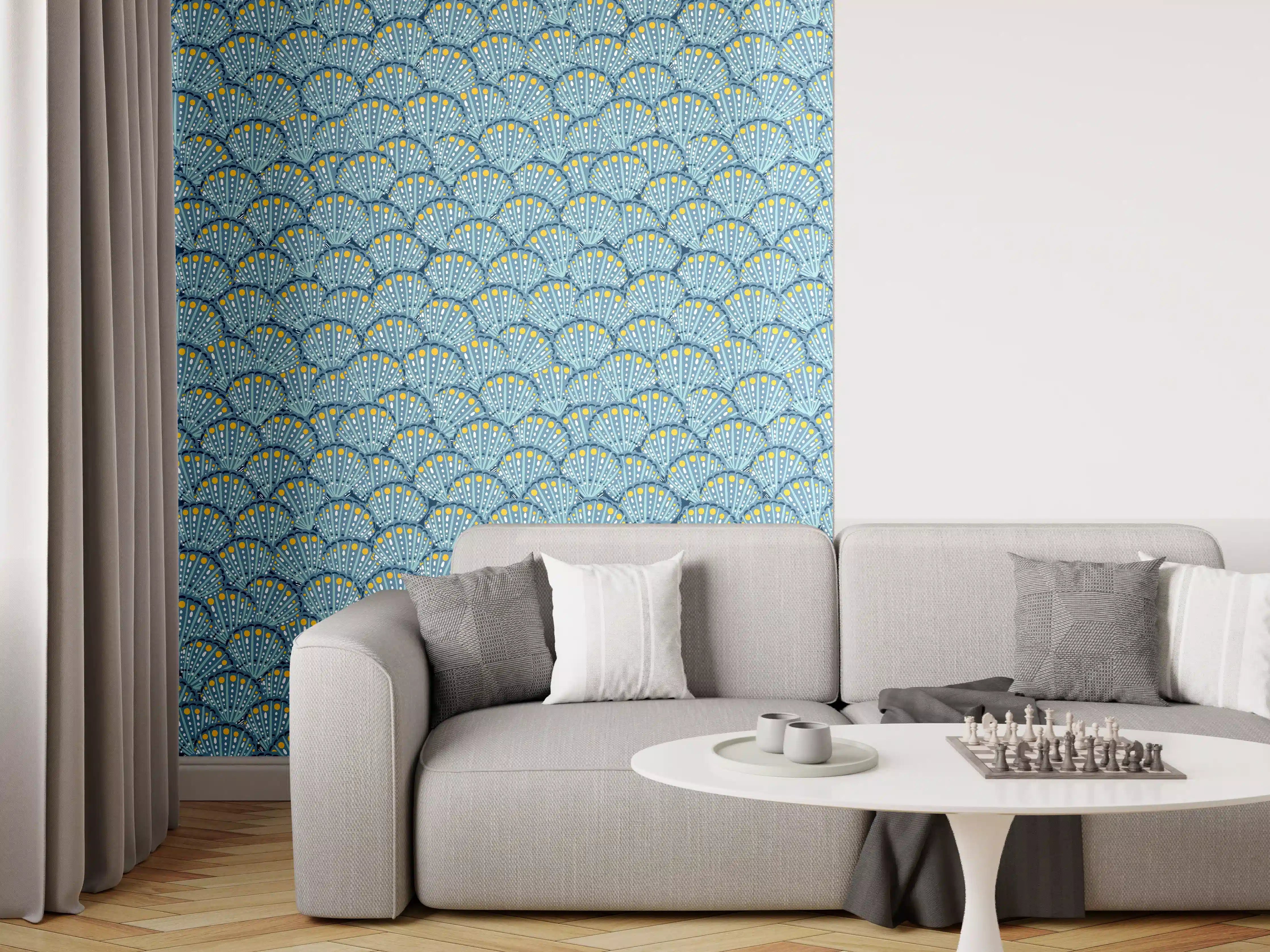Wandverkleidung Wohnzimmer - Muschel-Muster Blau-Gelb