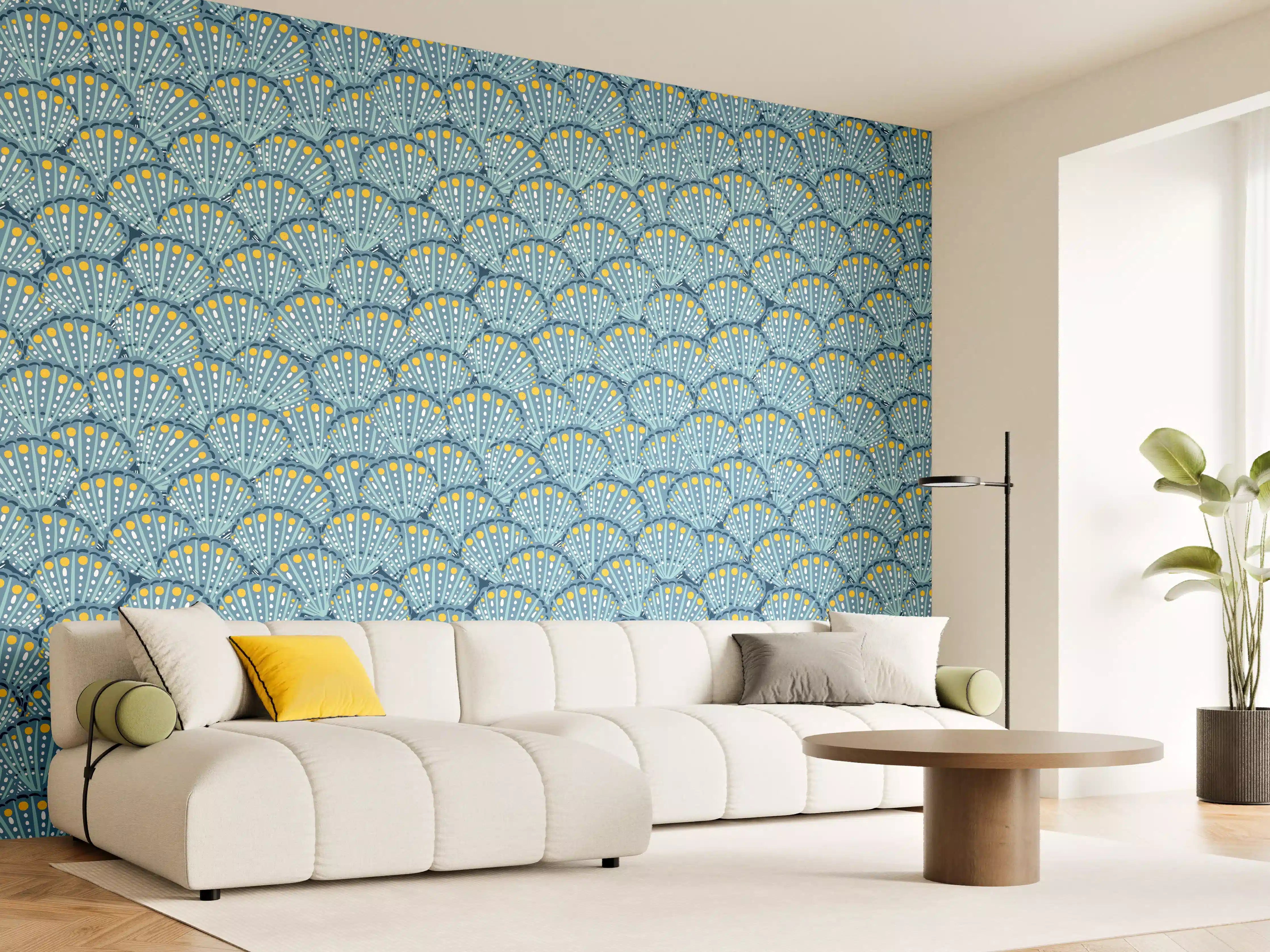 Wandverkleidung Wohnzimmer - Muschel-Muster Blau-Gelb