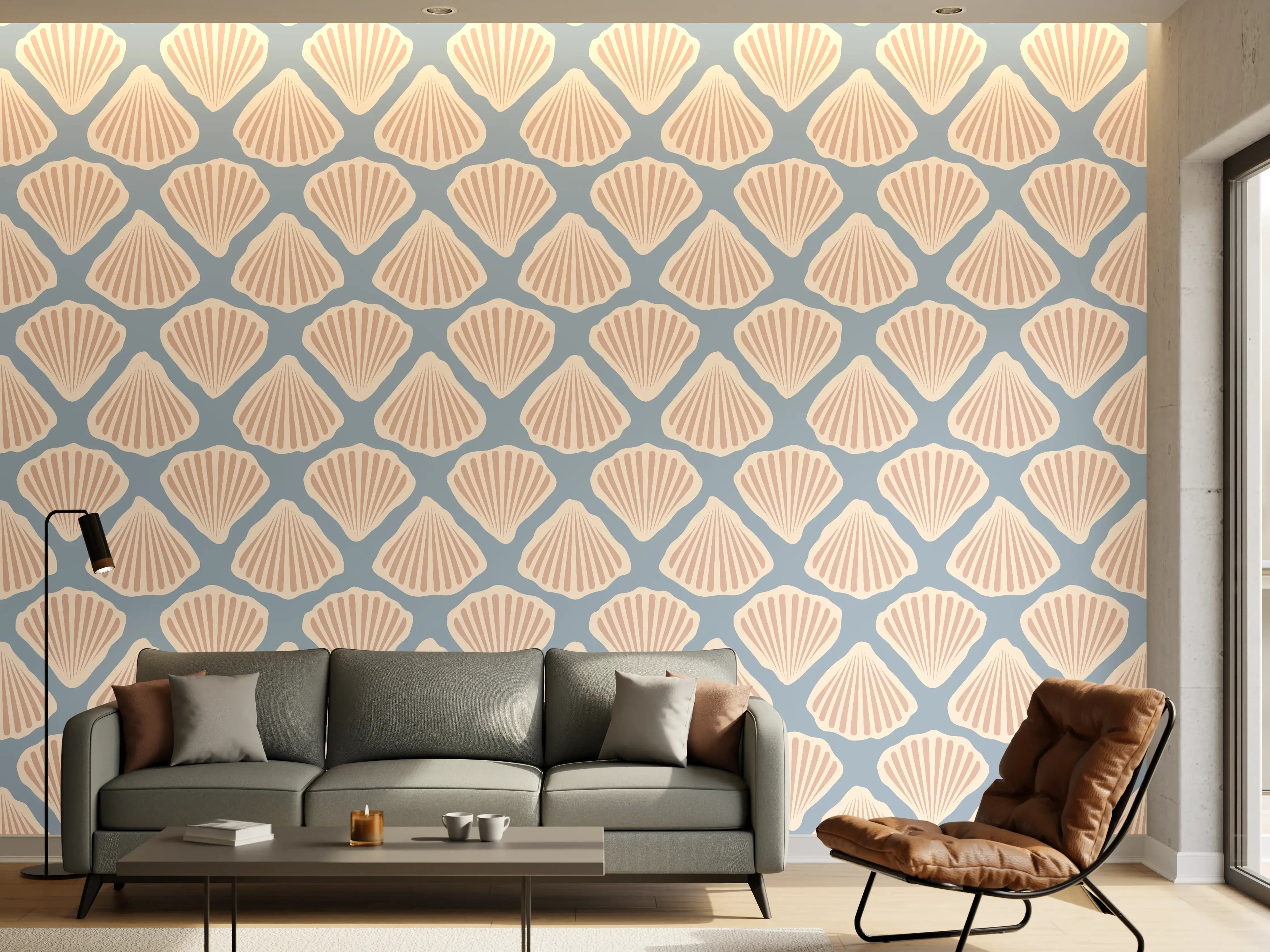 Wandverkleidung Wohnzimmer - Muschel-Muster Türkis-Beige Tapete
