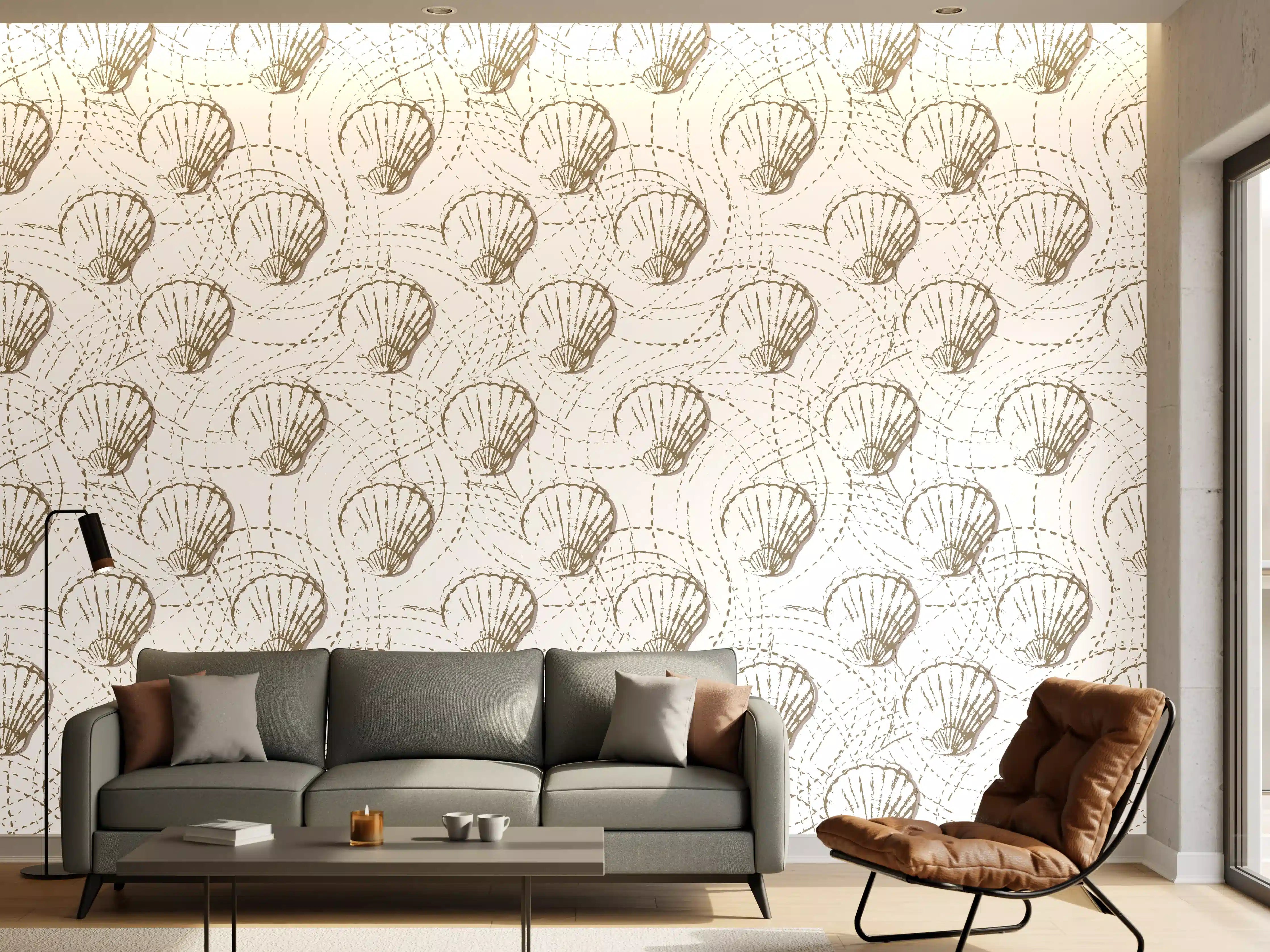 Wandverkleidung Wohnzimmer - Muschel-Muster Weiß-Beige