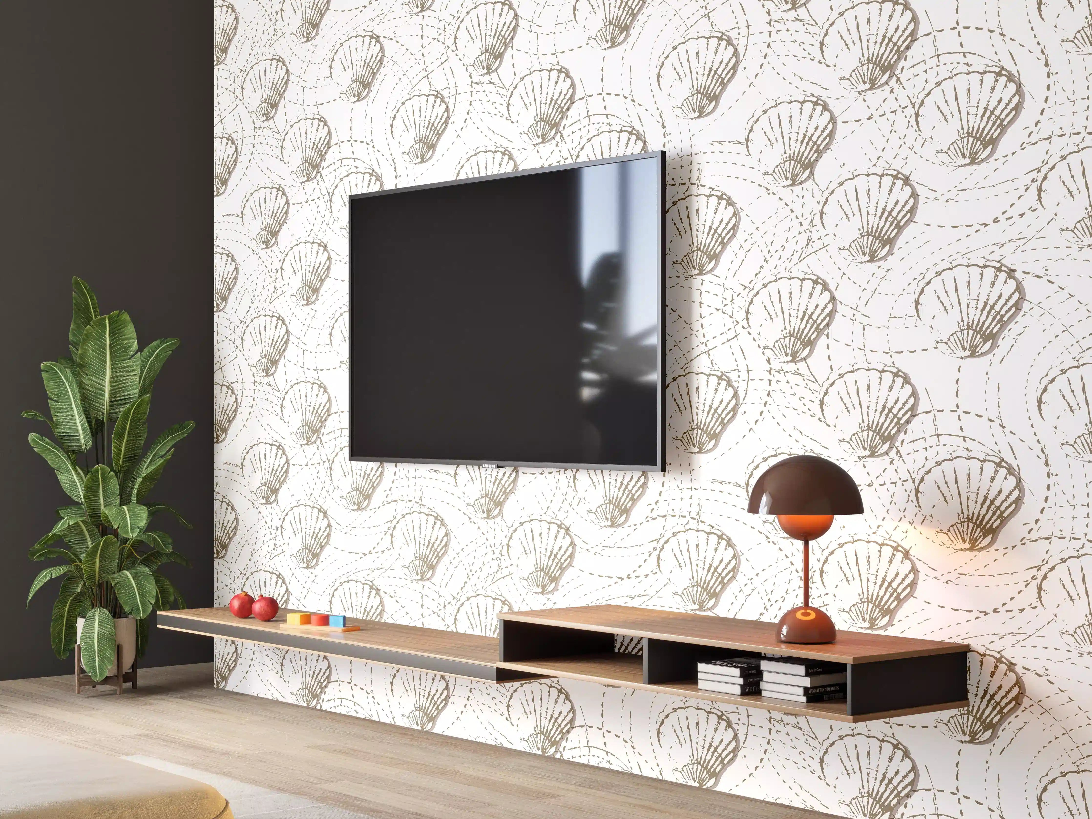 Wandverkleidung Wohnzimmer - Muschel-Muster Weiß-Beige