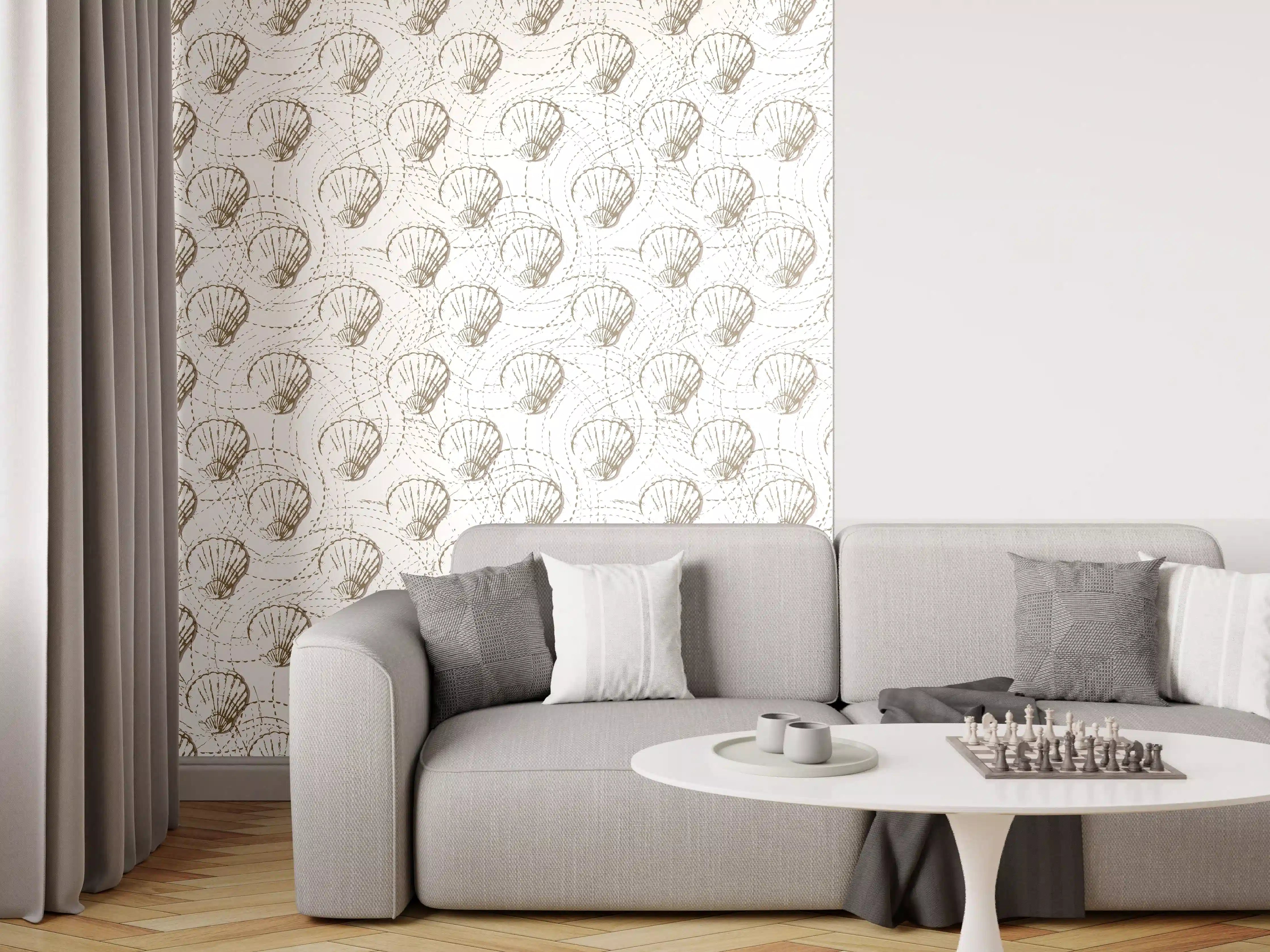 Wandverkleidung Wohnzimmer - Muschel-Muster Weiß-Beige