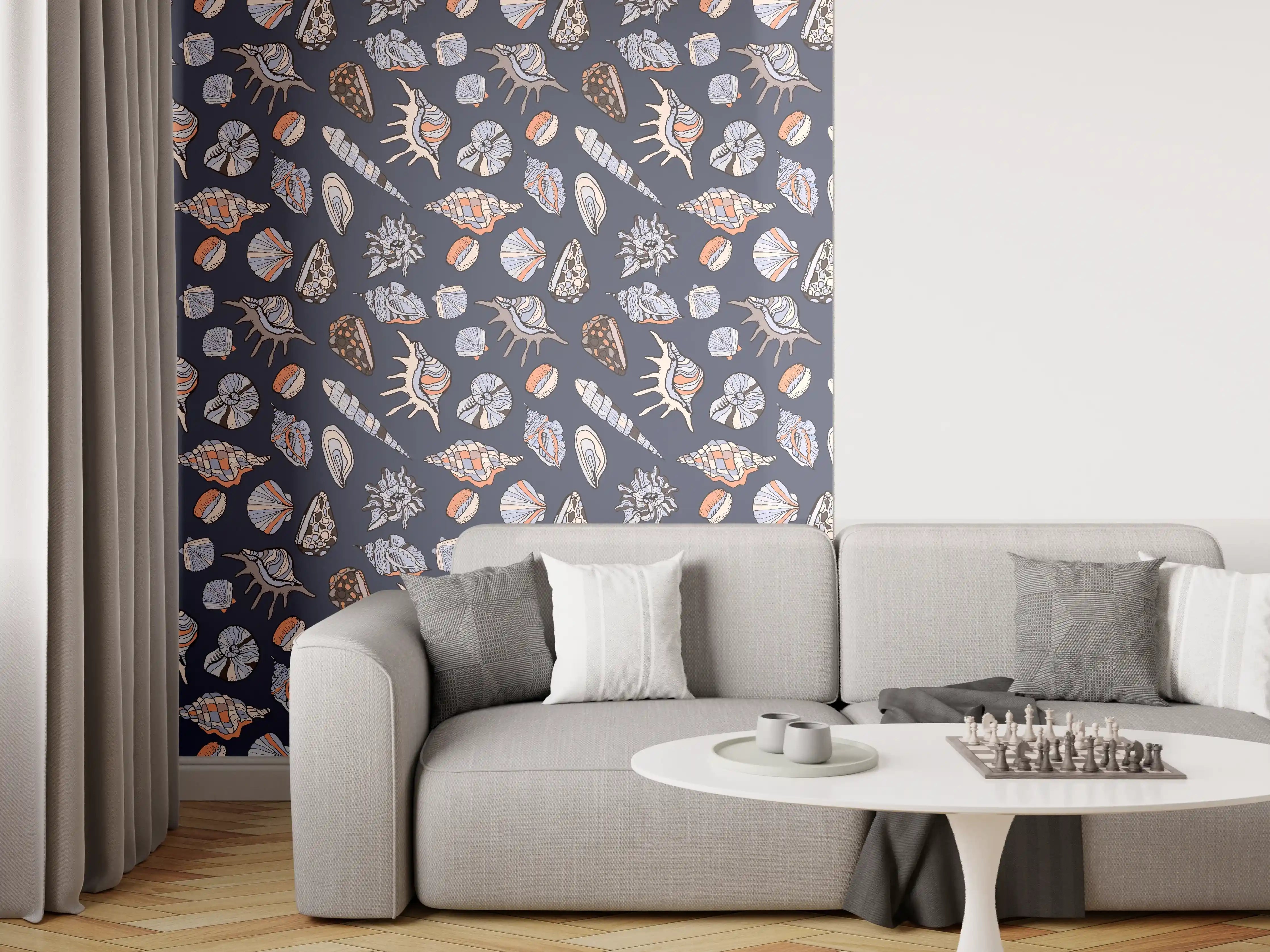 Wandverkleidung Wohnzimmer - Muschelmuster Navy Beige Orange