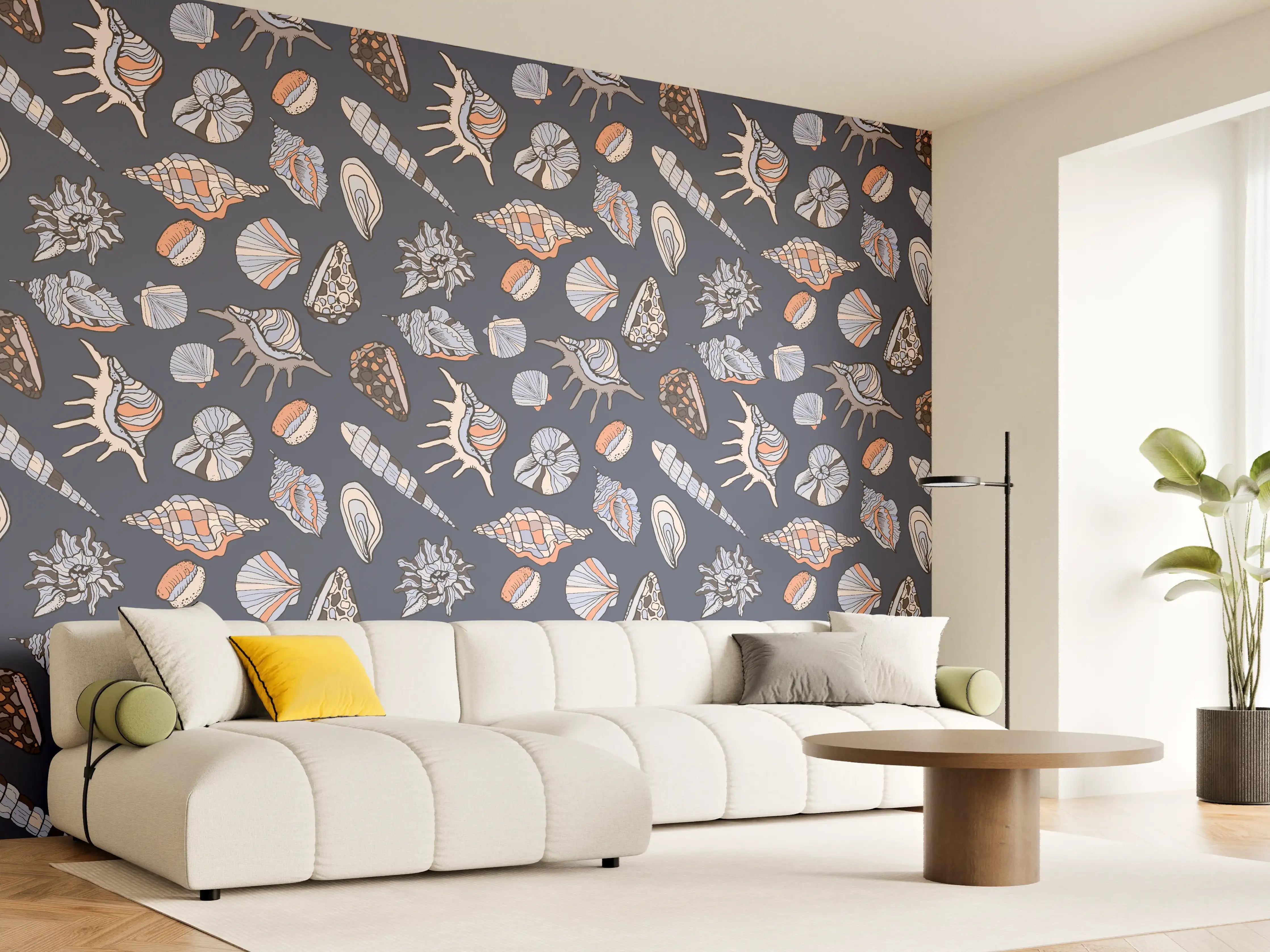 Wandverkleidung Wohnzimmer - Muschelmuster Navy Beige Orange