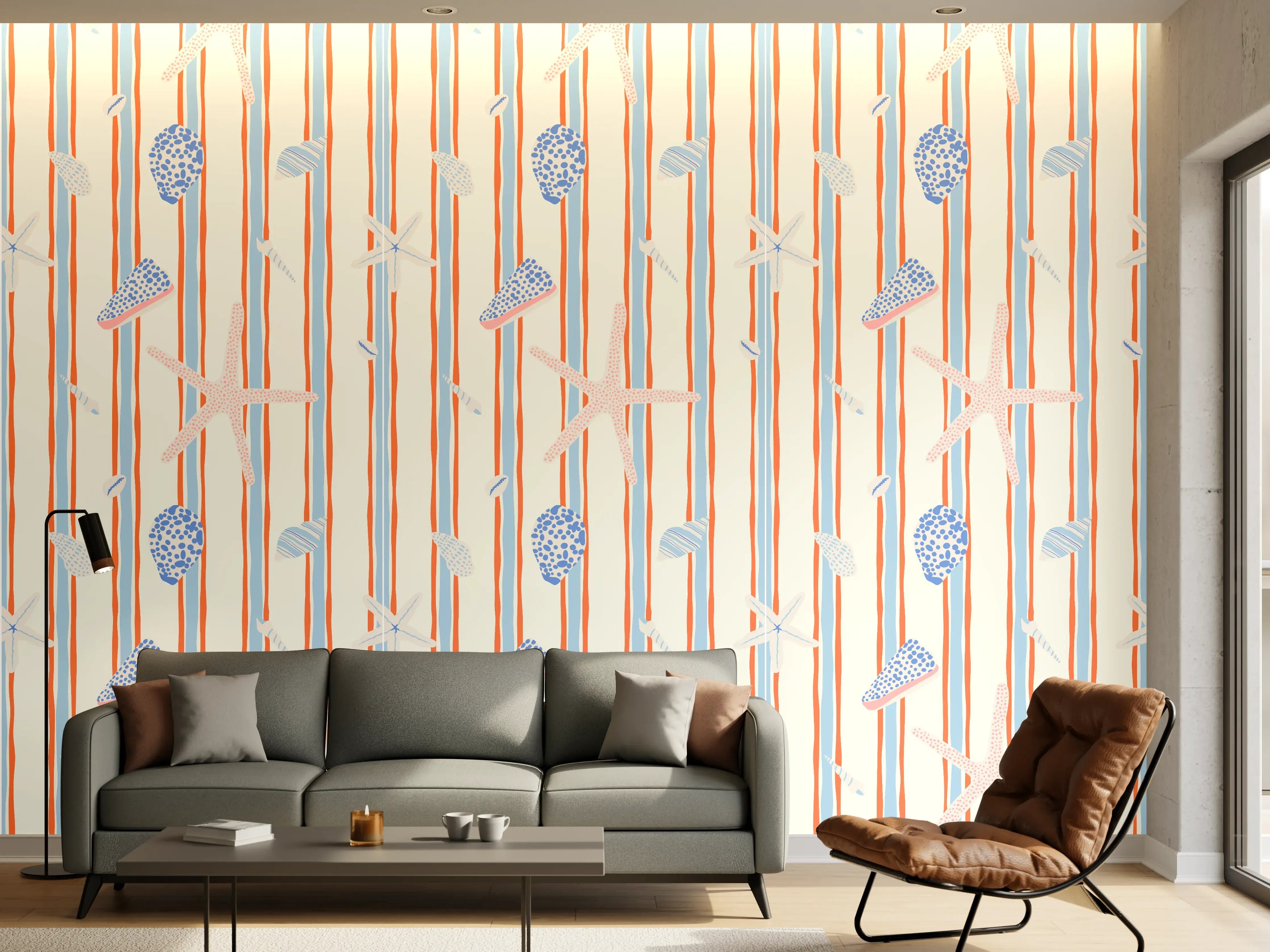 Wandverkleidung Wohnzimmer - Muschelstreifen Strandtapete Blau-Orange