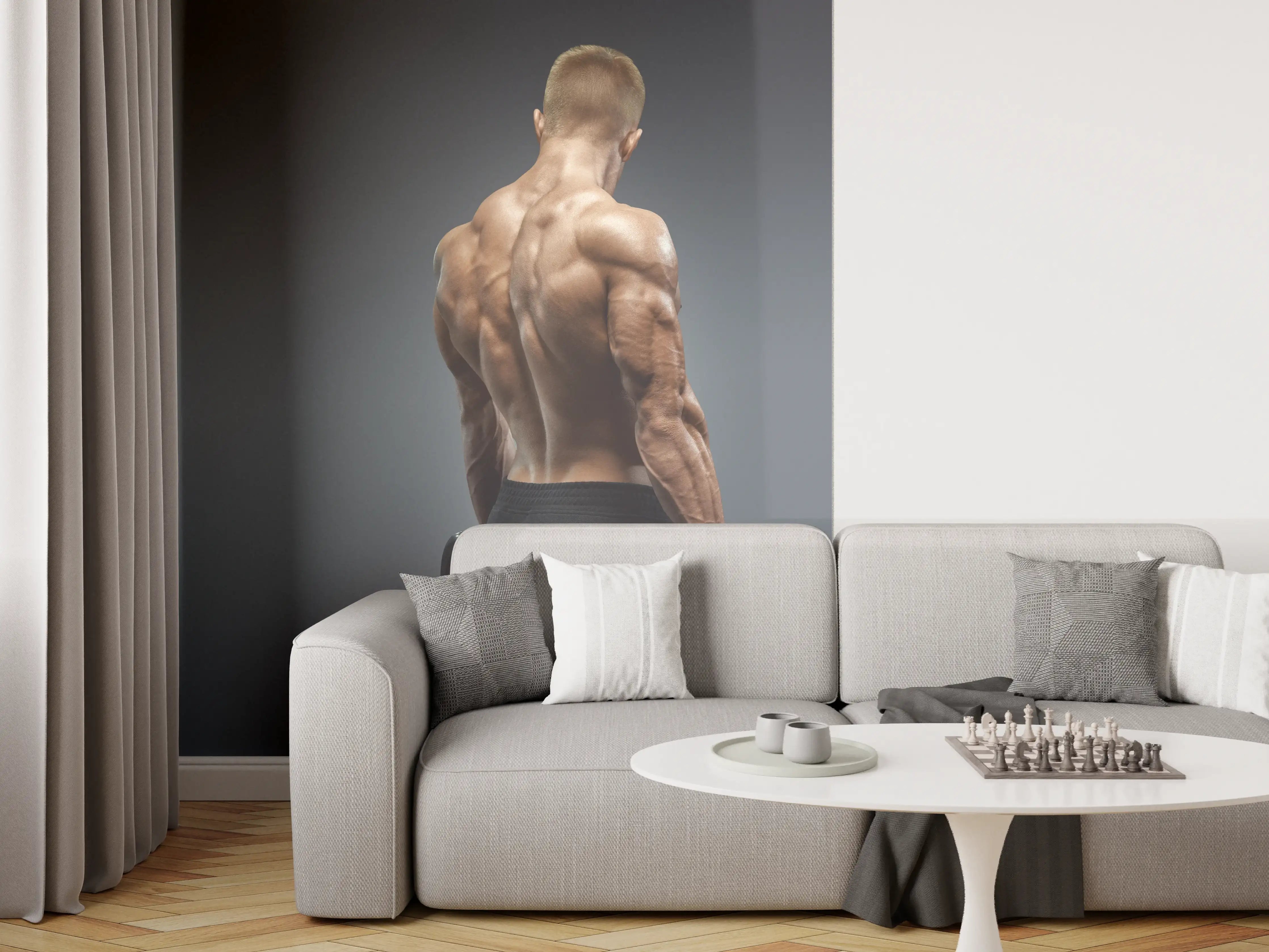 Wandverkleidung Wohnzimmer - Muskulöser Sportler mit Hanteln