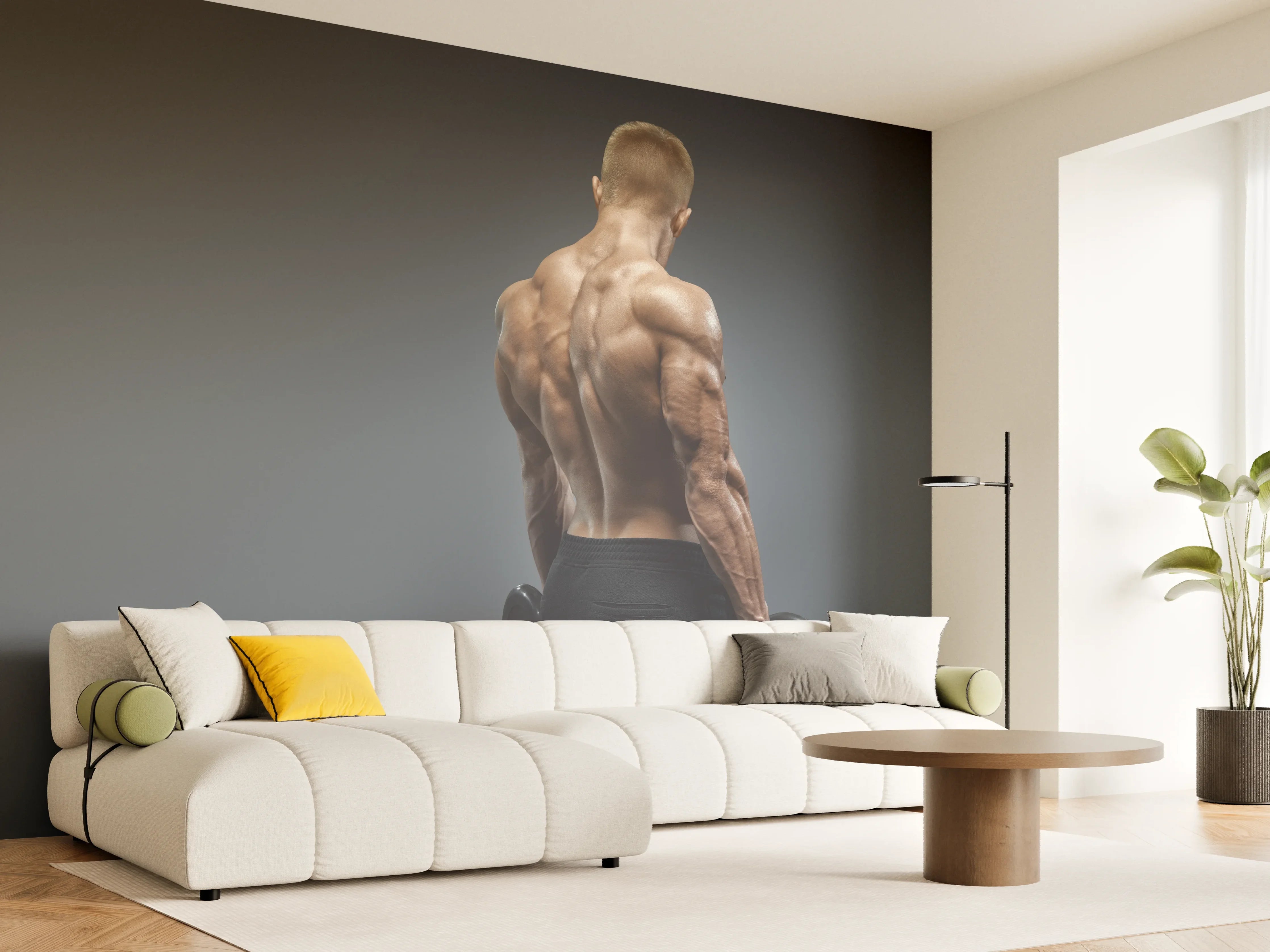 Wandverkleidung Wohnzimmer - Muskulöser Sportler mit Hanteln