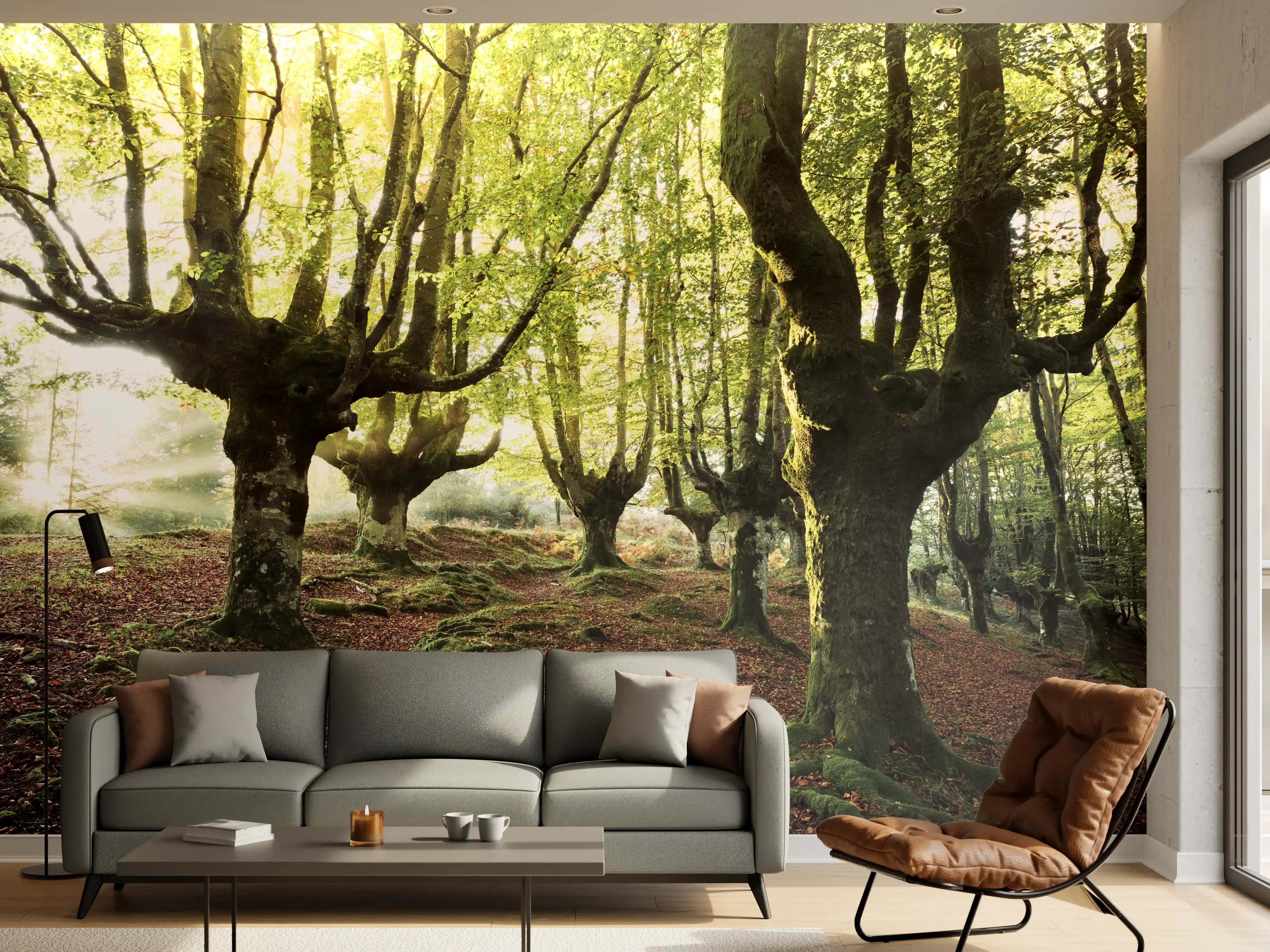 Wandverkleidung Wohnzimmer - Mystische Baumreihe im Grünen