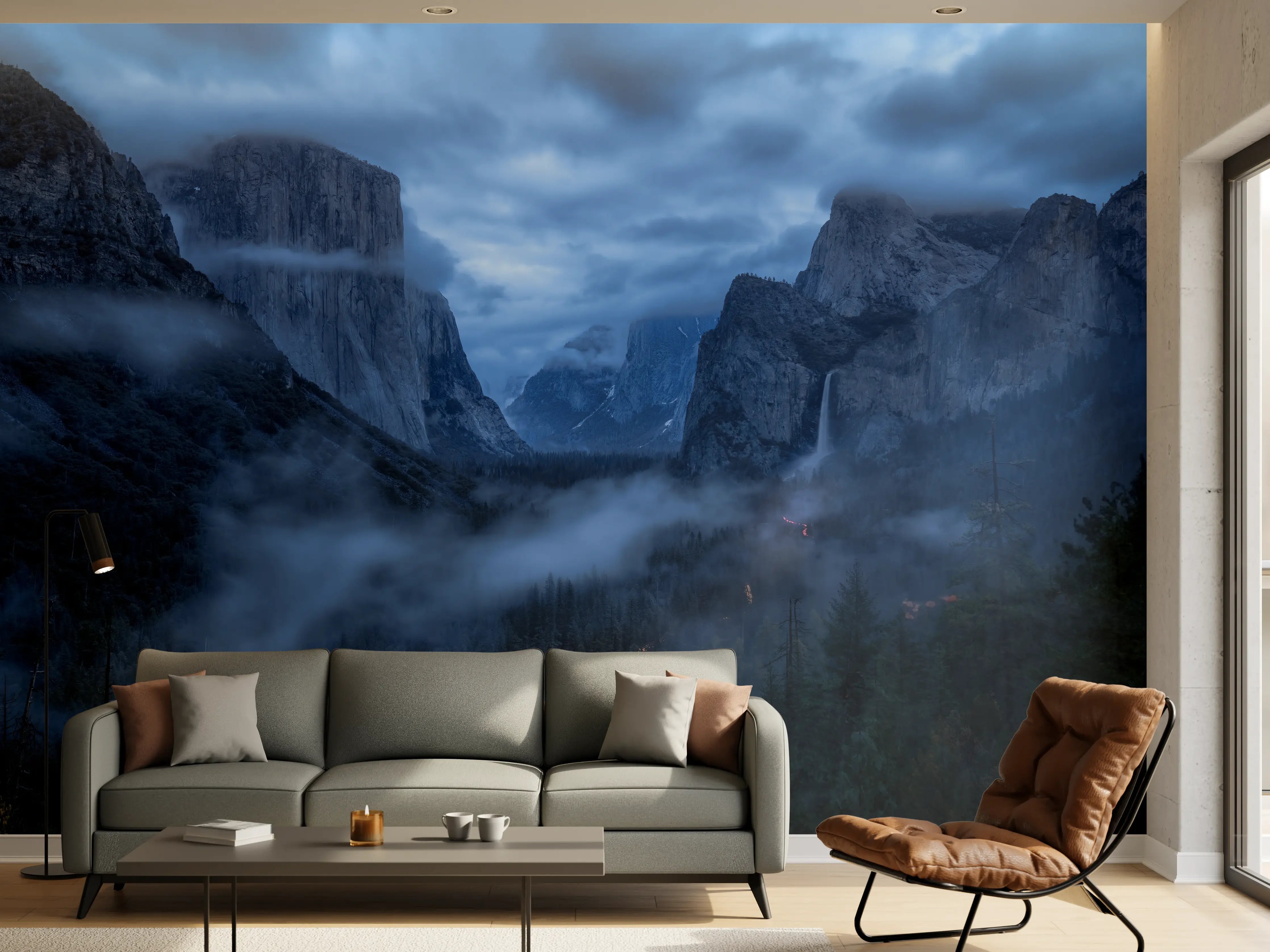 Wandverkleidung Wohnzimmer - Mystische Berglandschaft bei Dämmerung