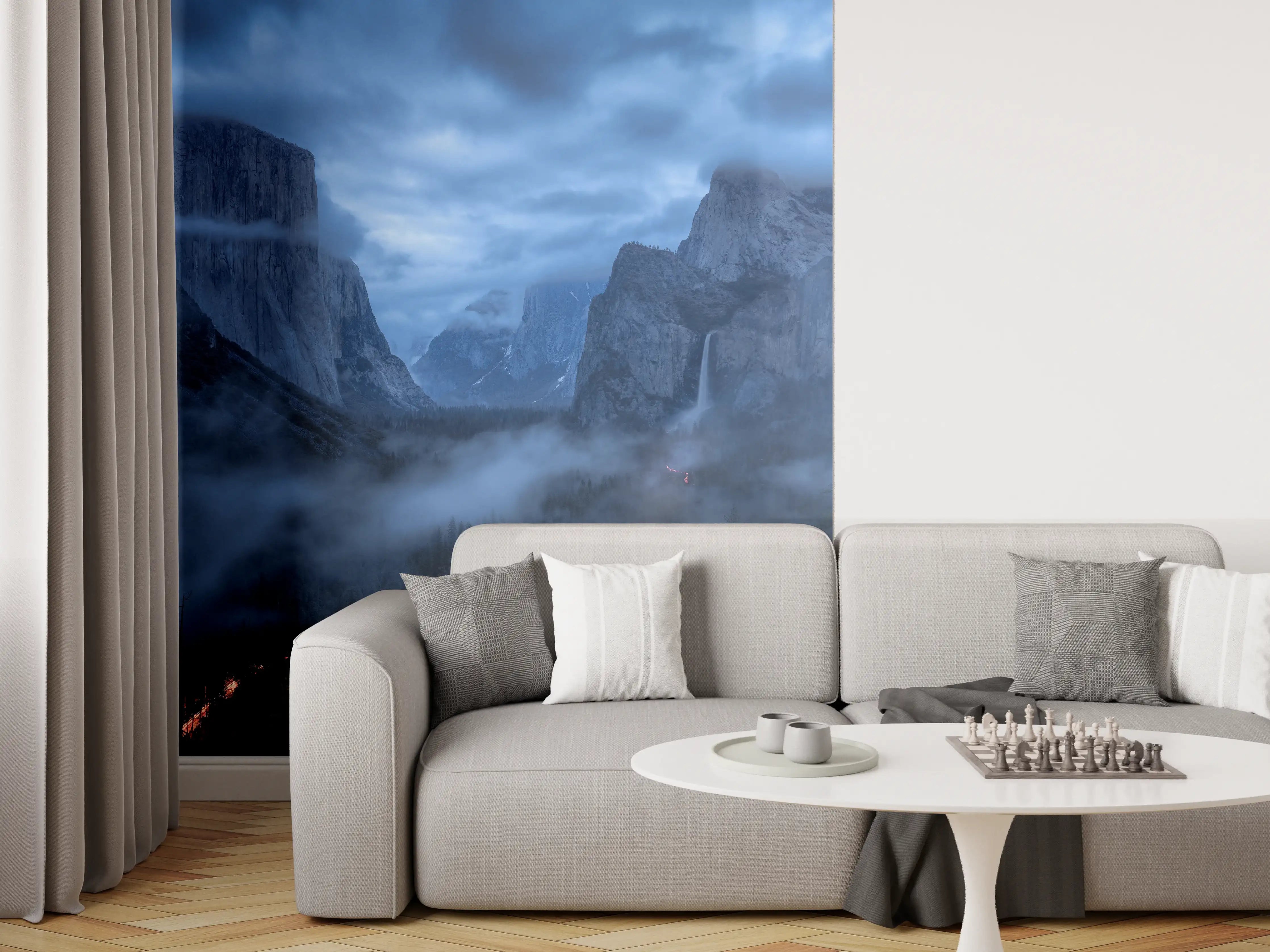 Wandverkleidung Wohnzimmer - Mystische Berglandschaft bei Dämmerung