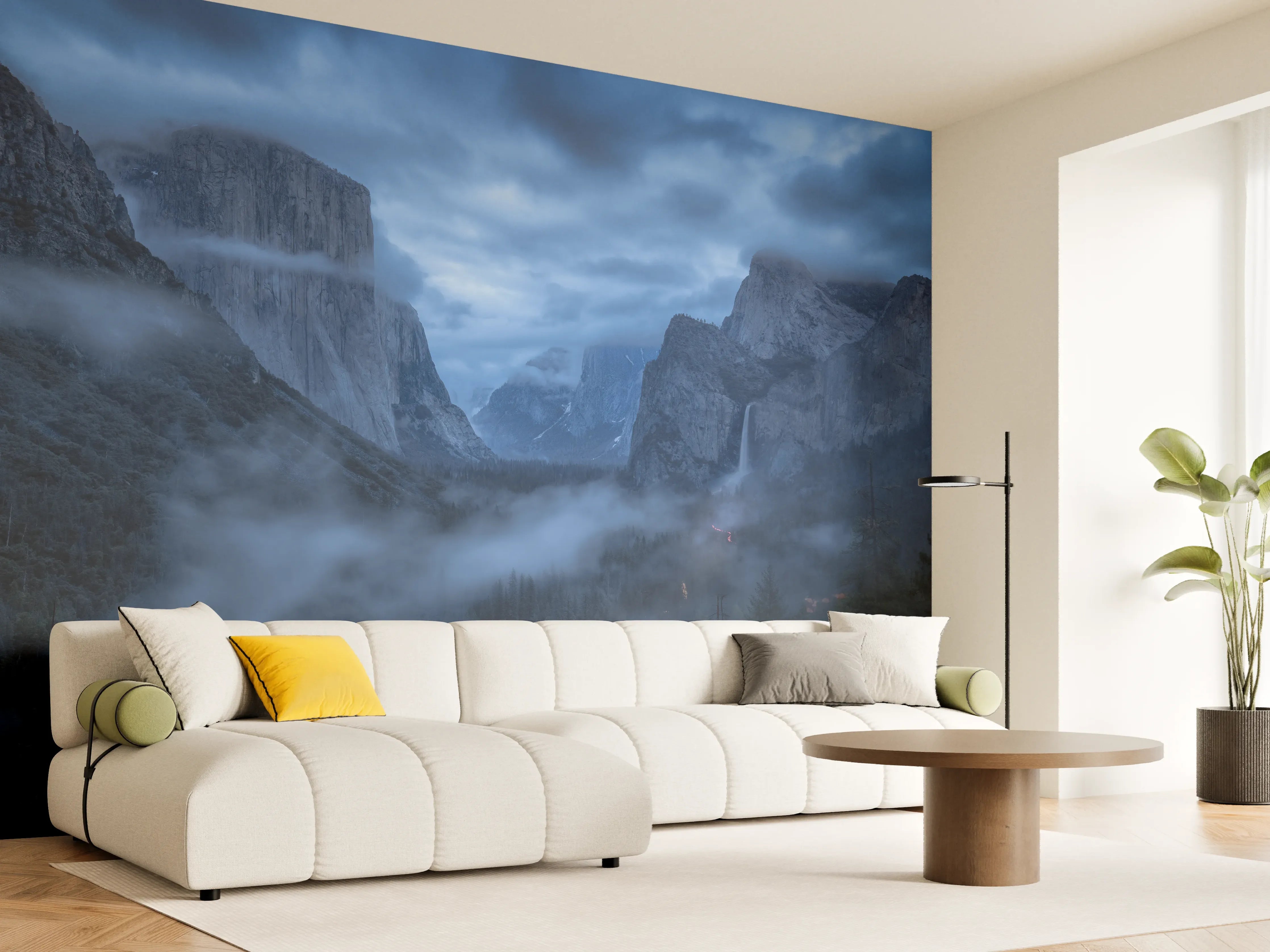 Wandverkleidung Wohnzimmer - Mystische Berglandschaft bei Dämmerung