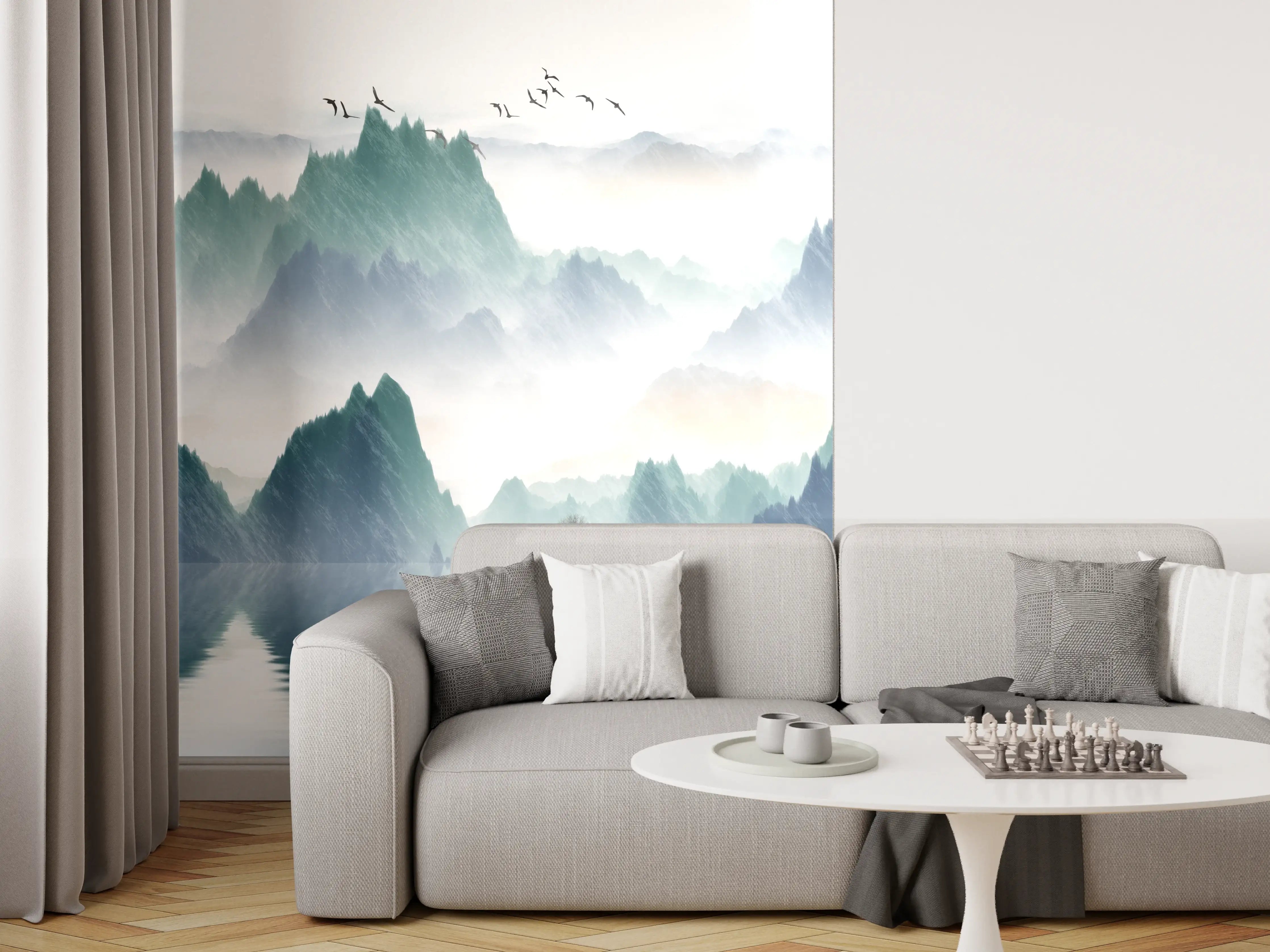 Wandverkleidung Wohnzimmer - Mystische Berglandschaft mit Wasser und Vögeln