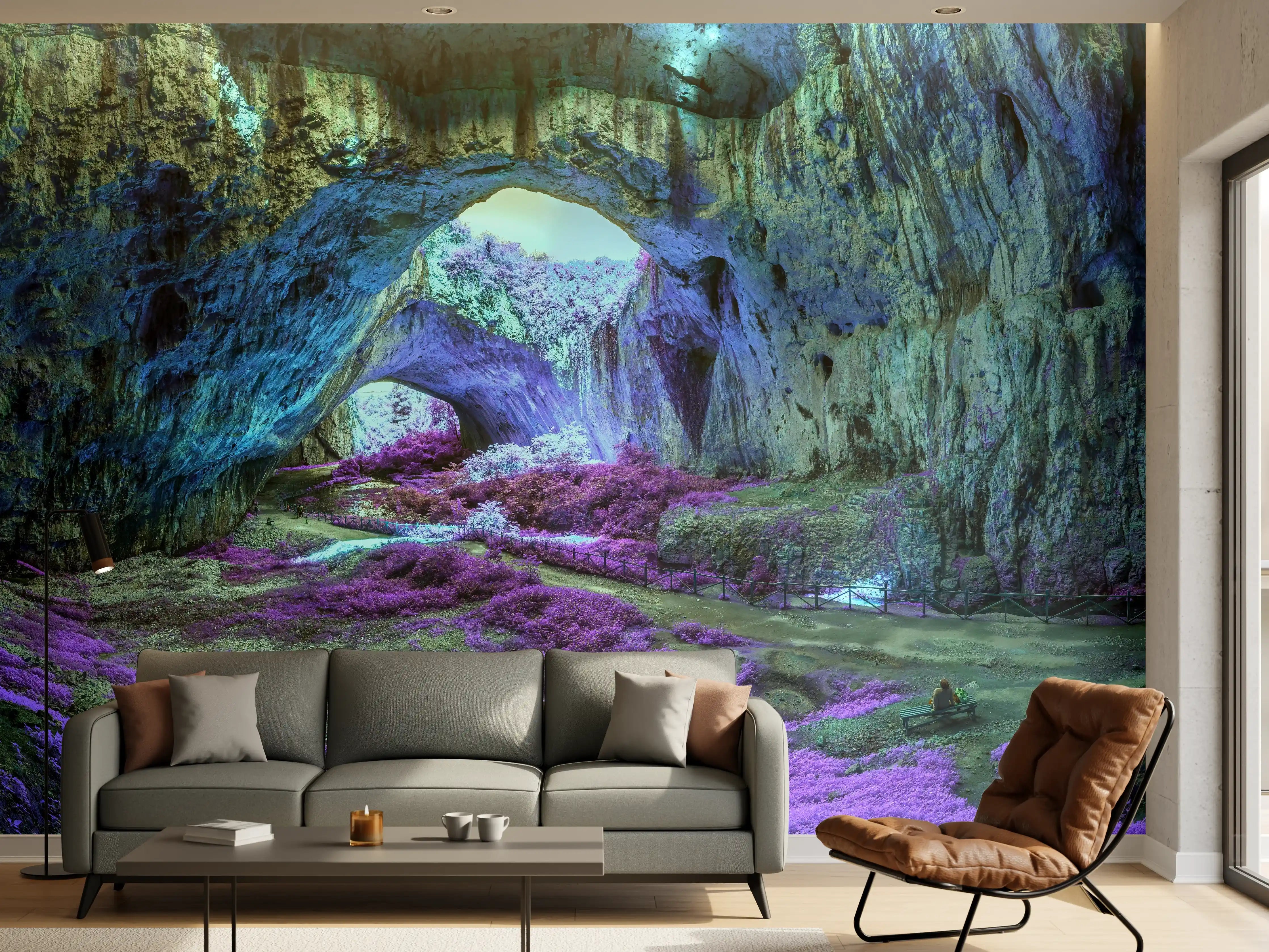 Wandverkleidung Wohnzimmer - Mystische Höhle in fantastisch leuchtenden Farben