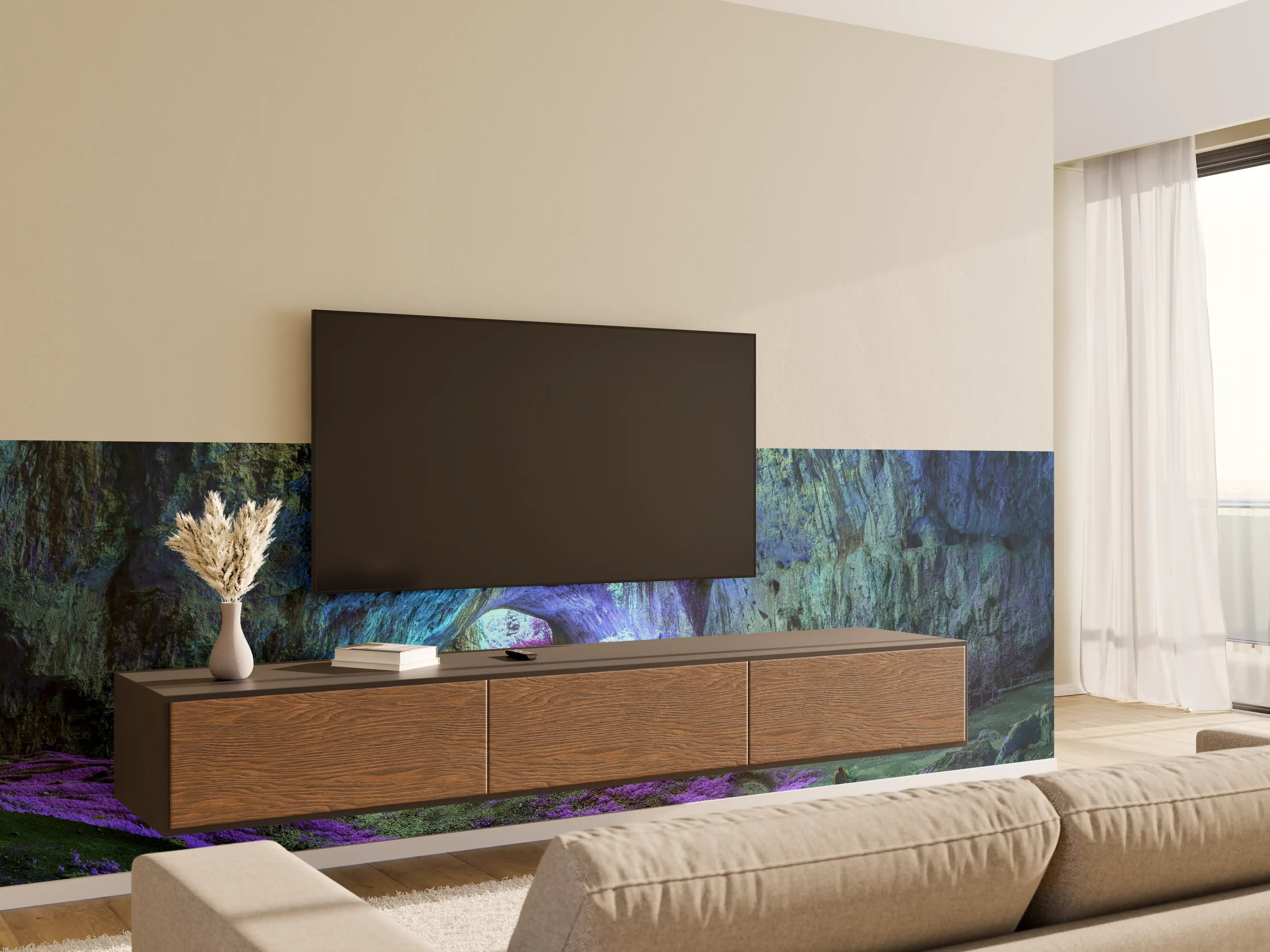 Wandverkleidung Wohnzimmer - Mystische Höhle in fantastisch leuchtenden Farben