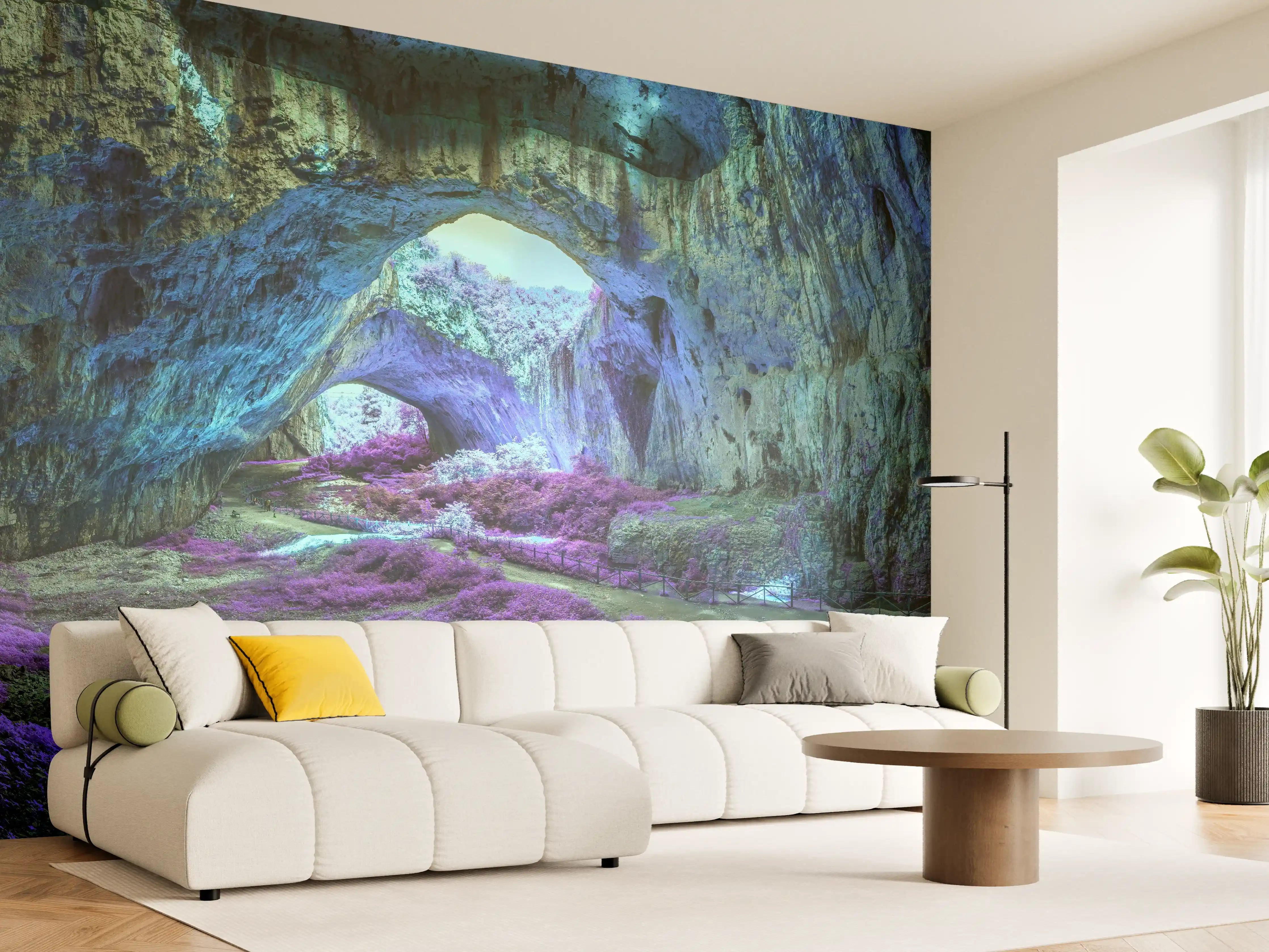 Wandverkleidung Wohnzimmer - Mystische Höhle in fantastisch leuchtenden Farben