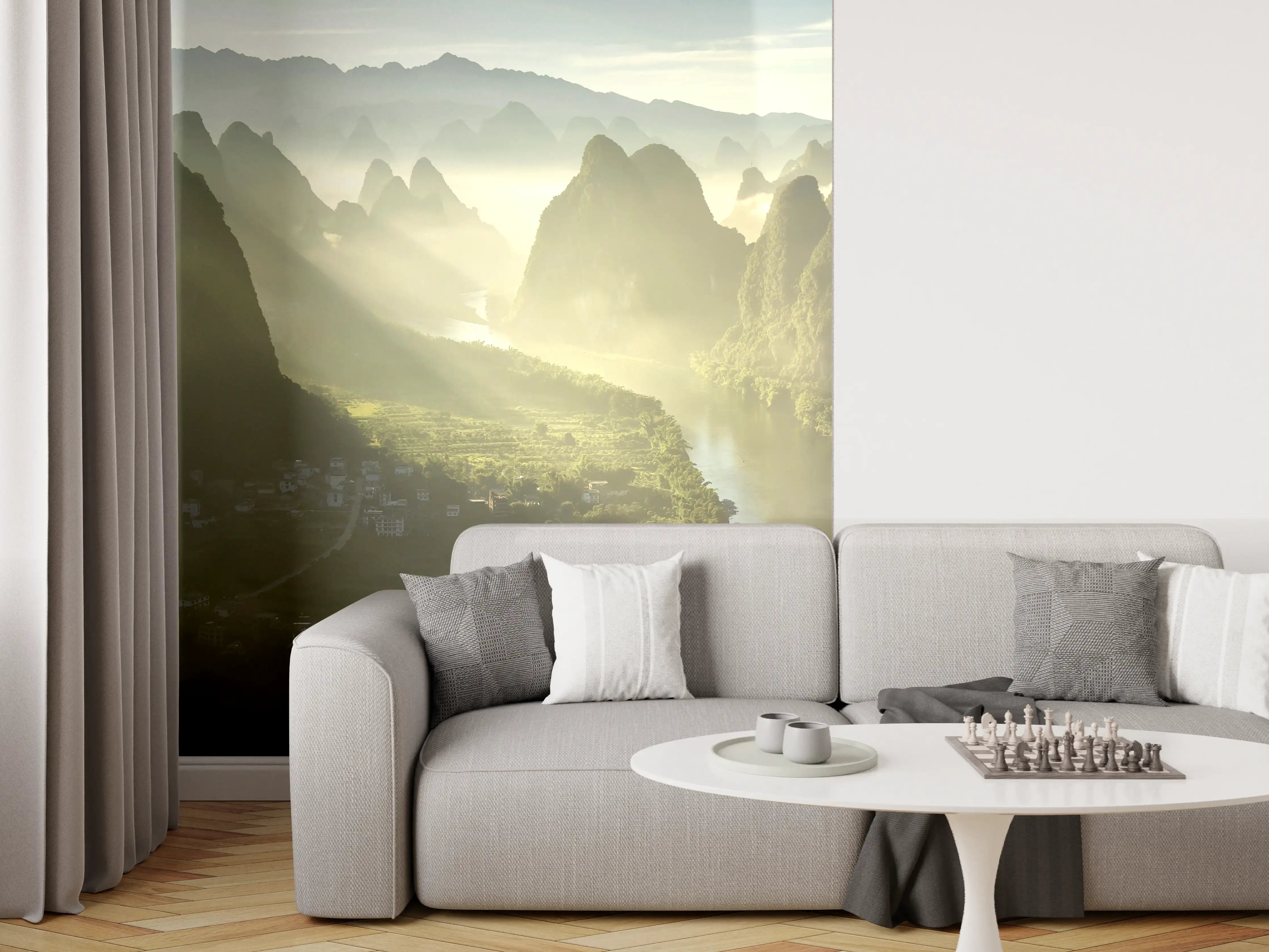 Wandverkleidung Wohnzimmer - Mystische Karstberge und Flusslandschaft