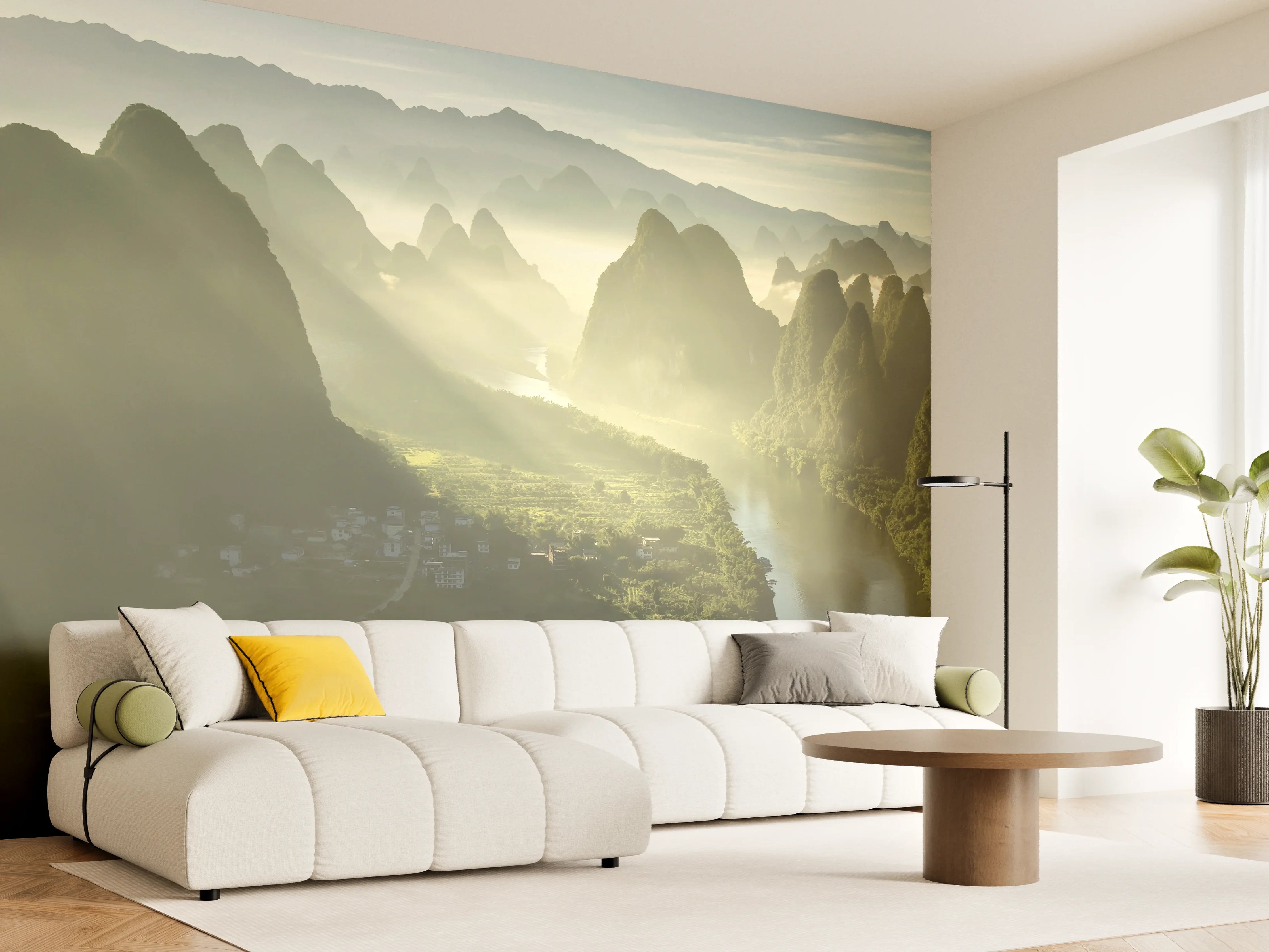 Wandverkleidung Wohnzimmer - Mystische Karstberge und Flusslandschaft