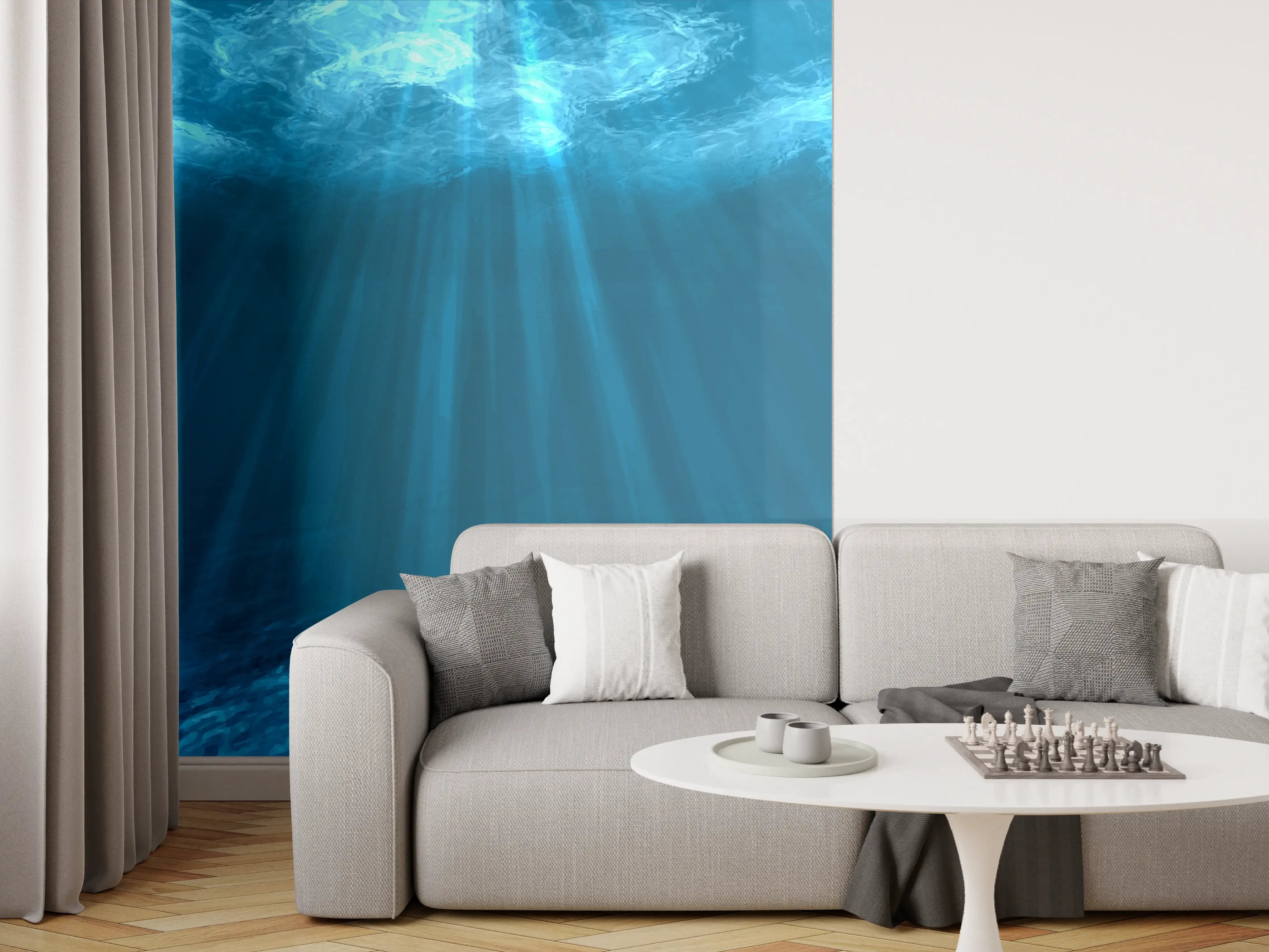 Wandverkleidung Wohnzimmer - Mystische Unterwasserwelt Blau