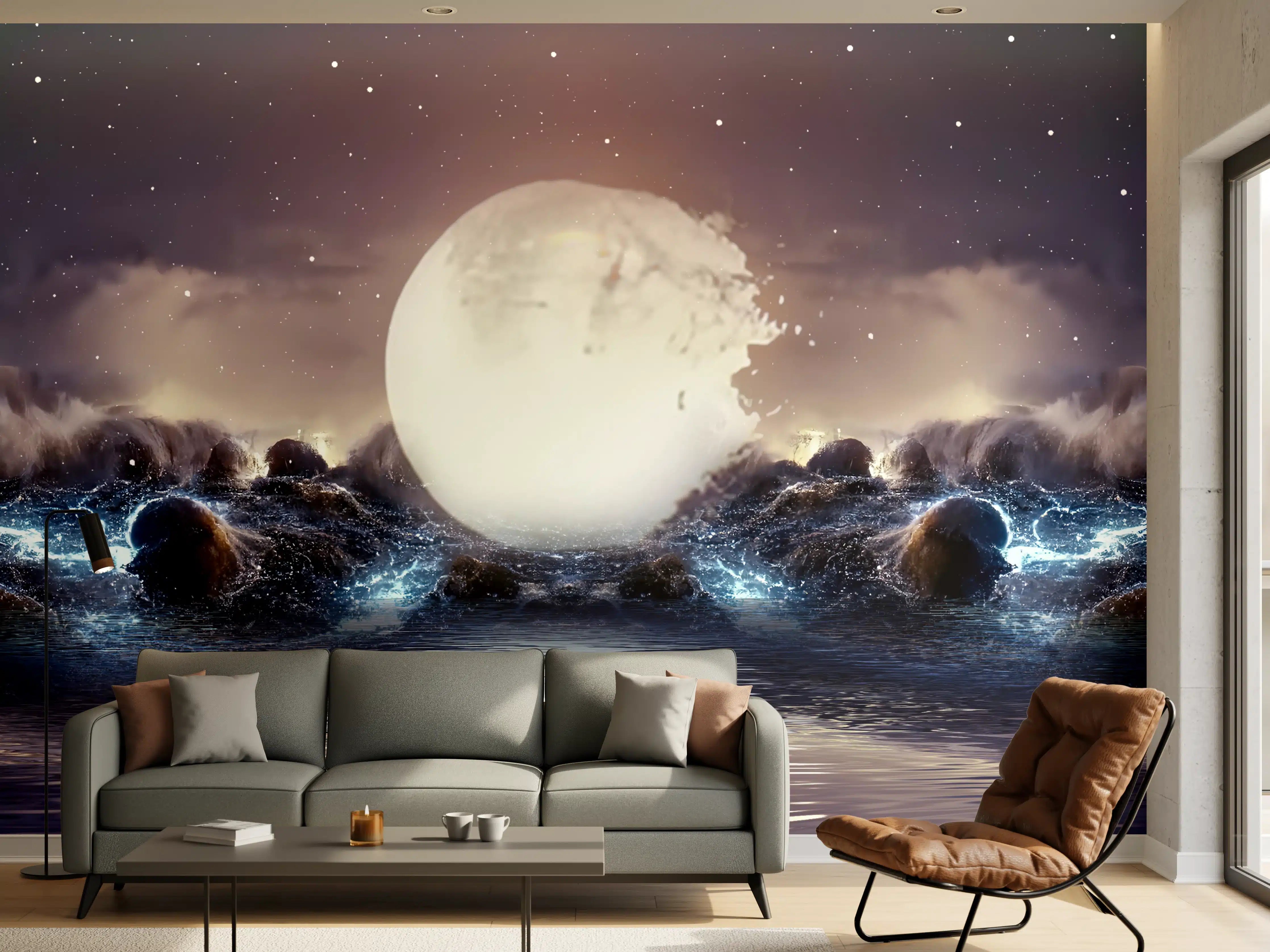 Wandverkleidung Wohnzimmer - Mystische Vollmondnacht über dem Meer