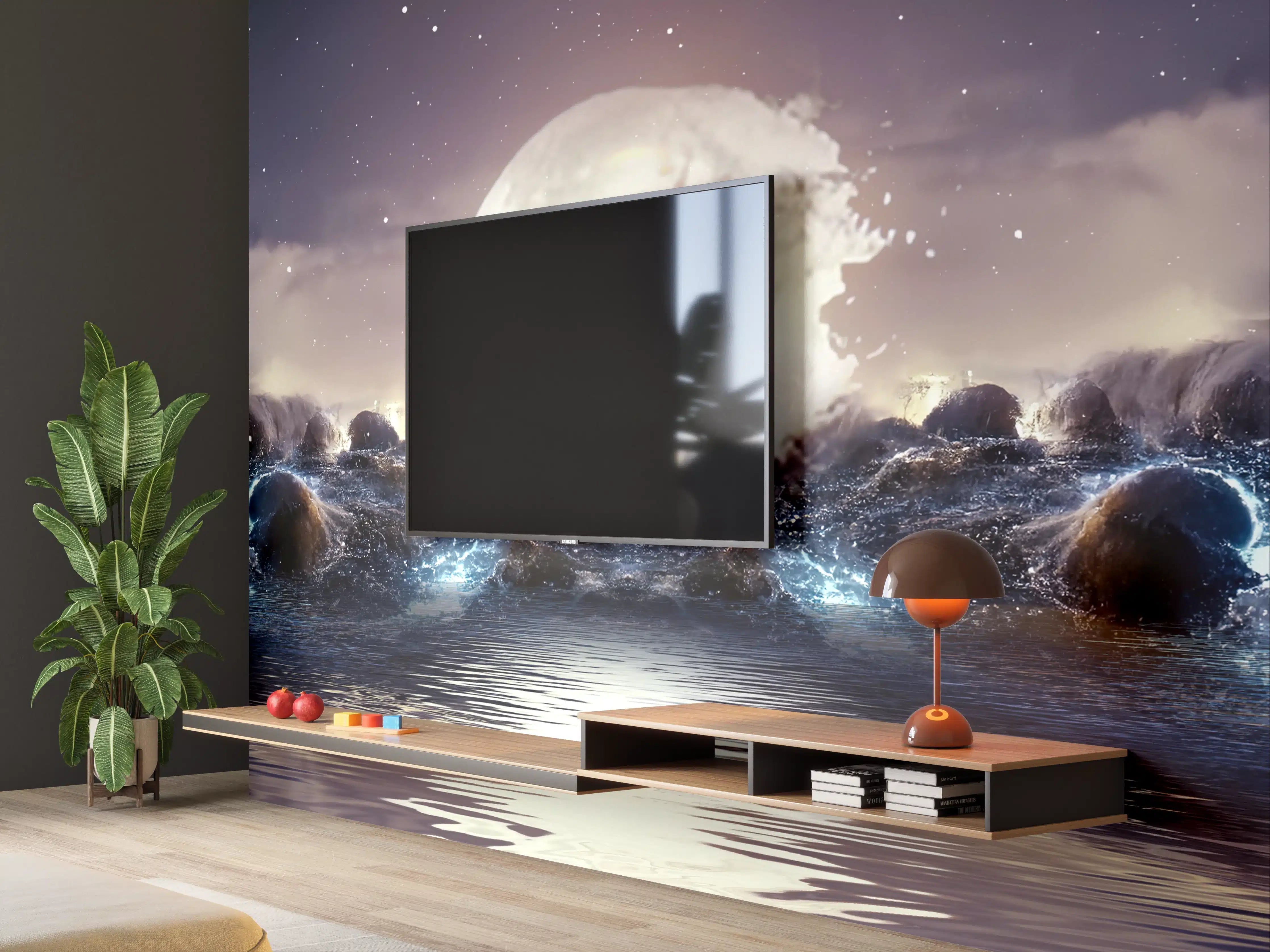 Wandverkleidung Wohnzimmer - Mystische Vollmondnacht über dem Meer
