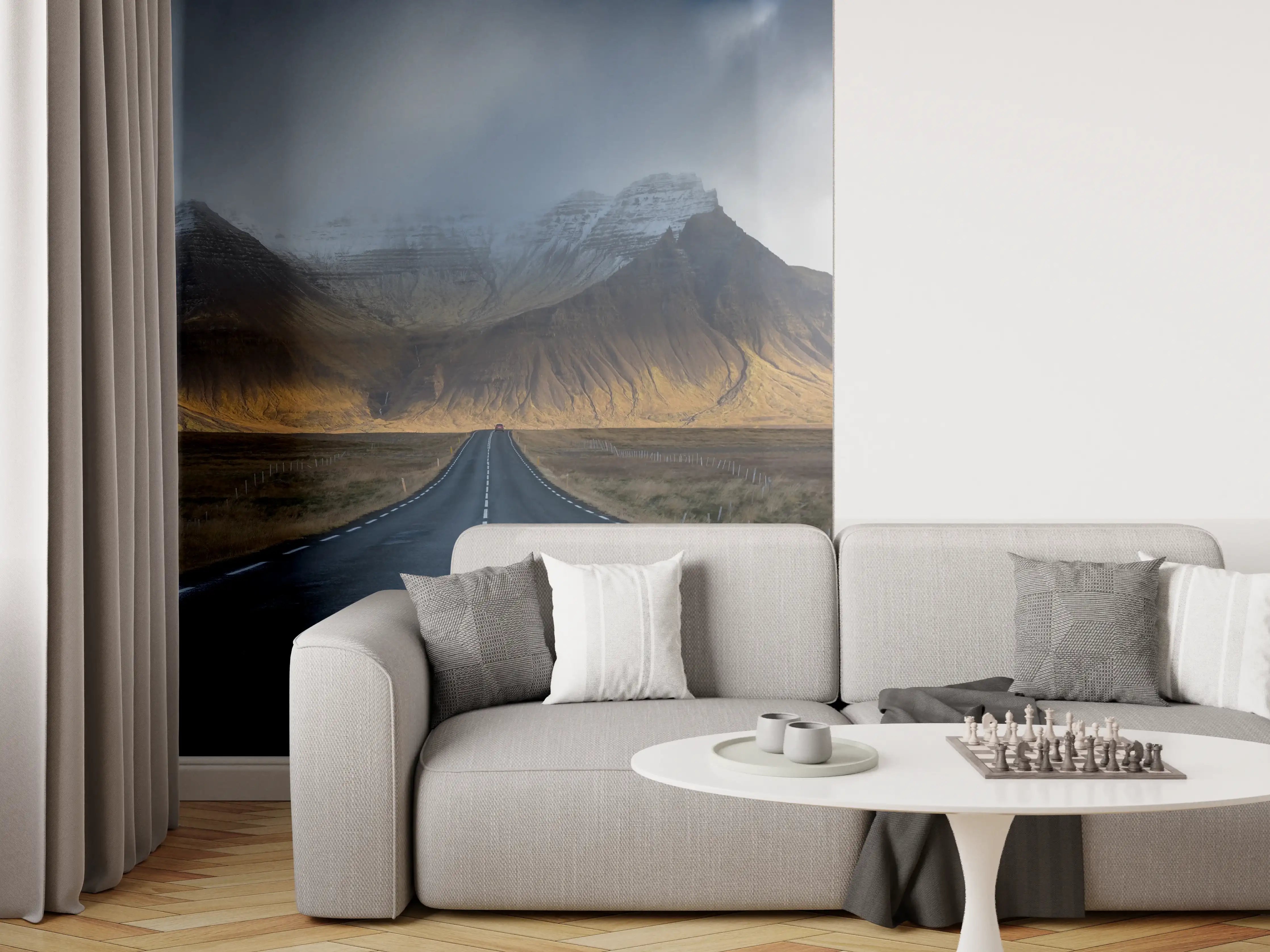 Wandverkleidung Wohnzimmer - Mystische Vulkanlandschaft bei Nebel