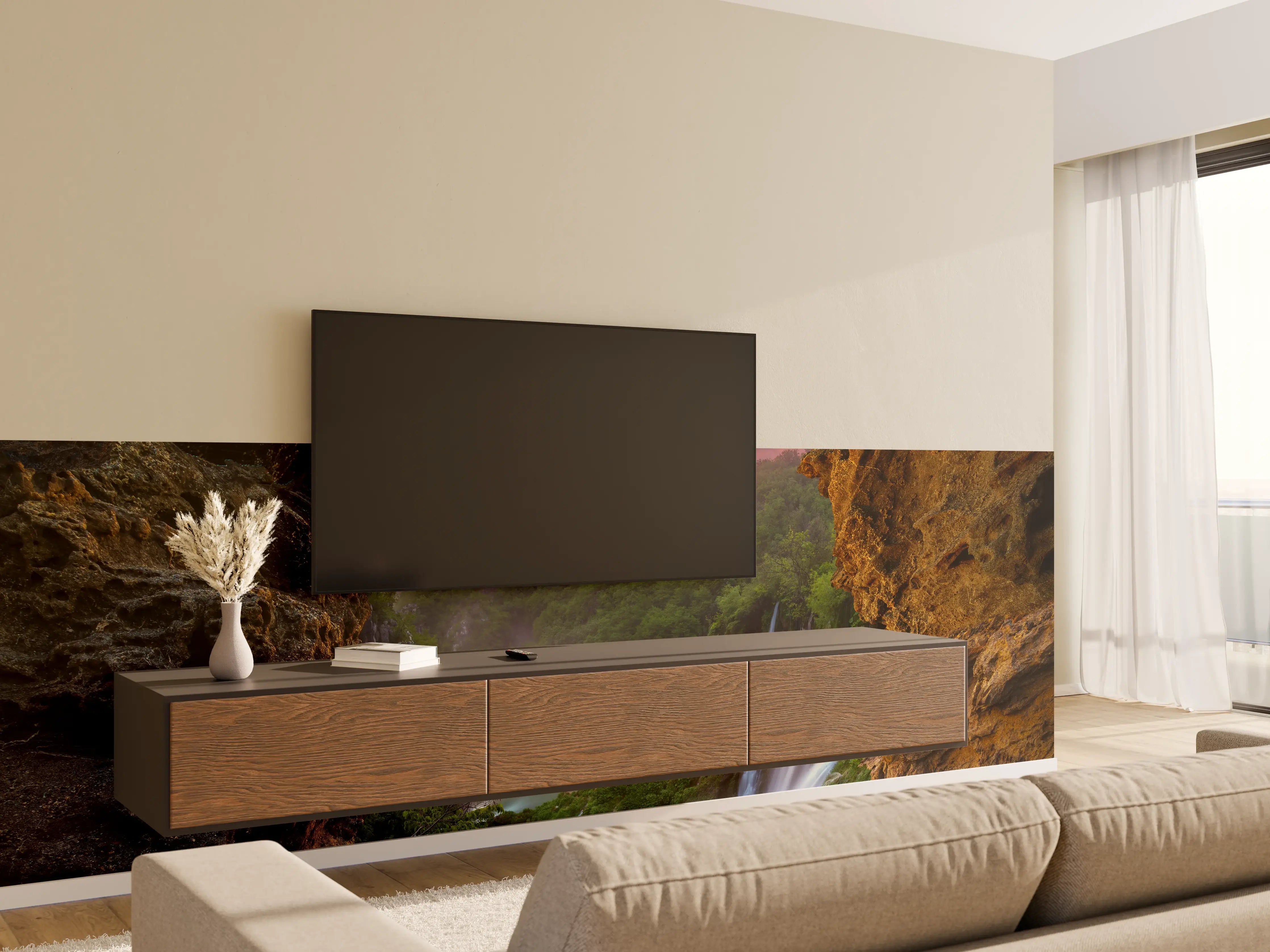 Wandverkleidung Wohnzimmer - Mystische Wasserfall-Landschaft bei Sonnenaufgang