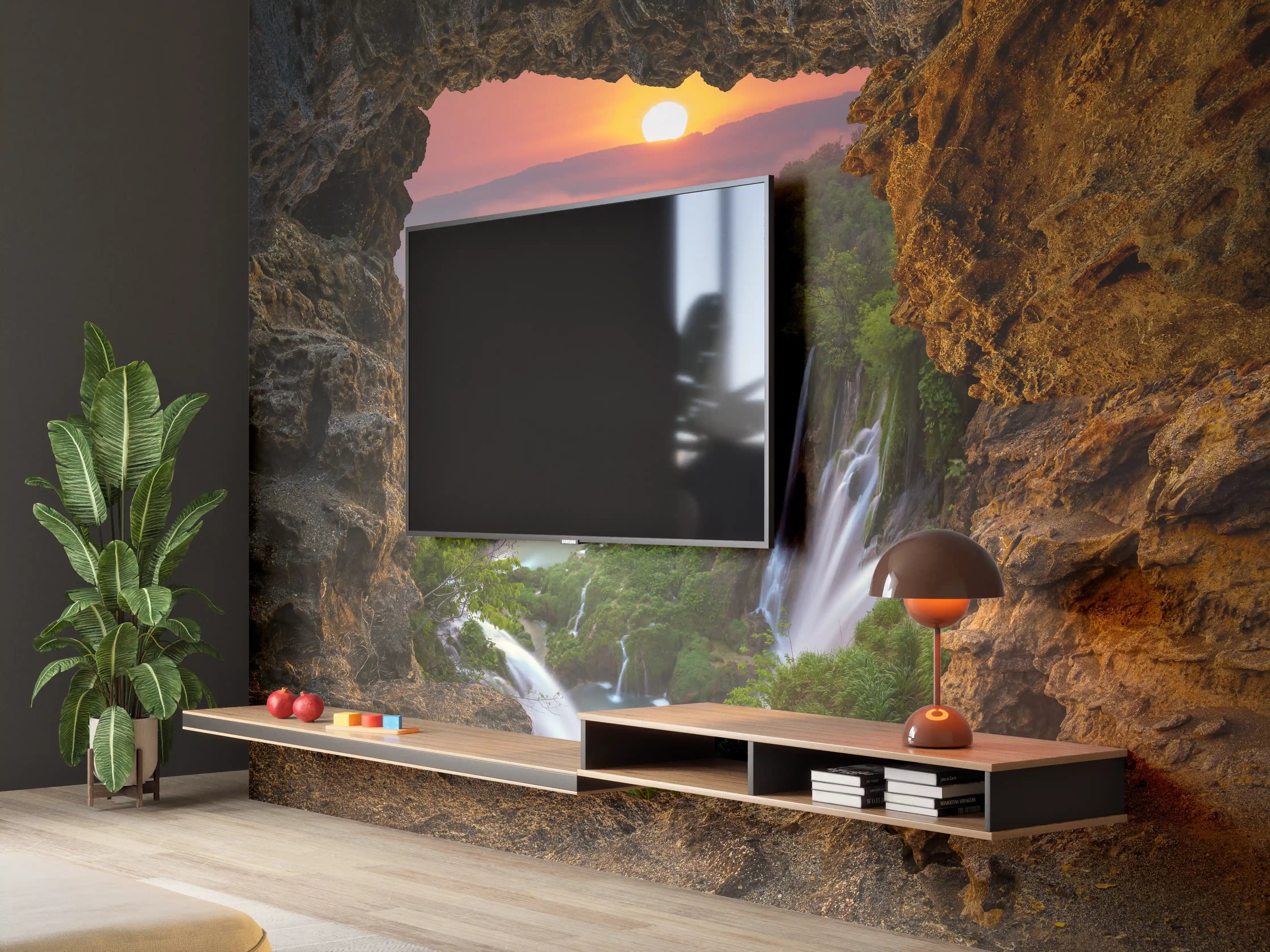 Wandverkleidung Wohnzimmer - Mystische Wasserfall-Landschaft bei Sonnenaufgang
