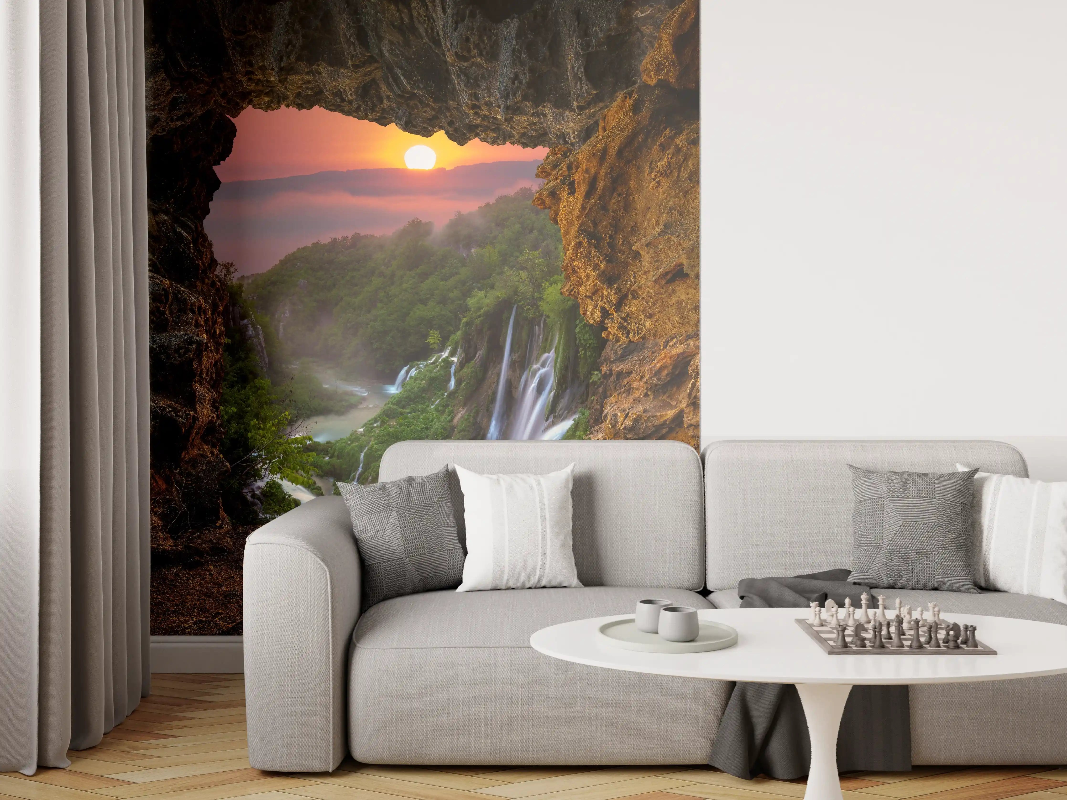Wandverkleidung Wohnzimmer - Mystische Wasserfall-Landschaft bei Sonnenaufgang