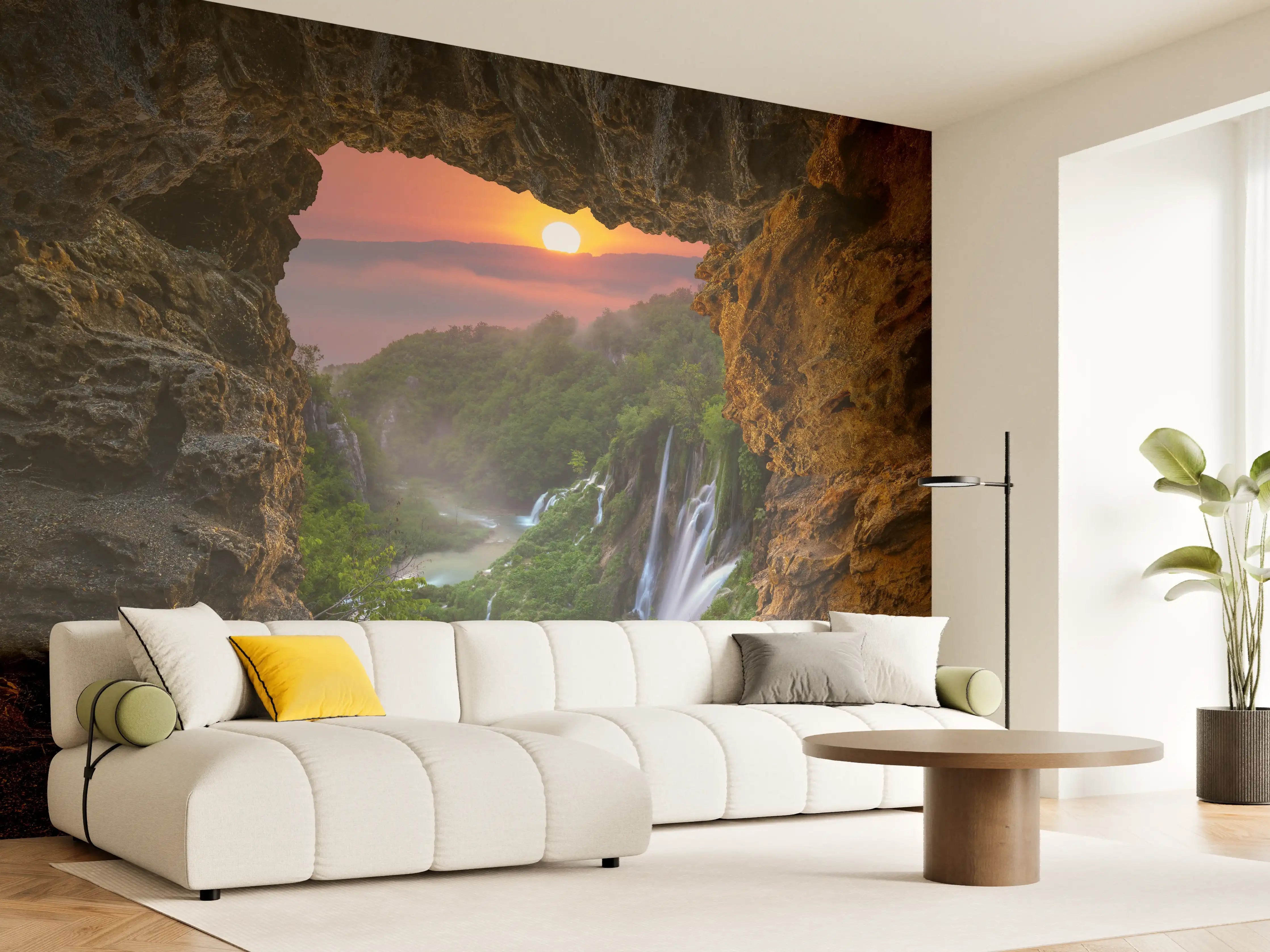 Wandverkleidung Wohnzimmer - Mystische Wasserfall-Landschaft bei Sonnenaufgang