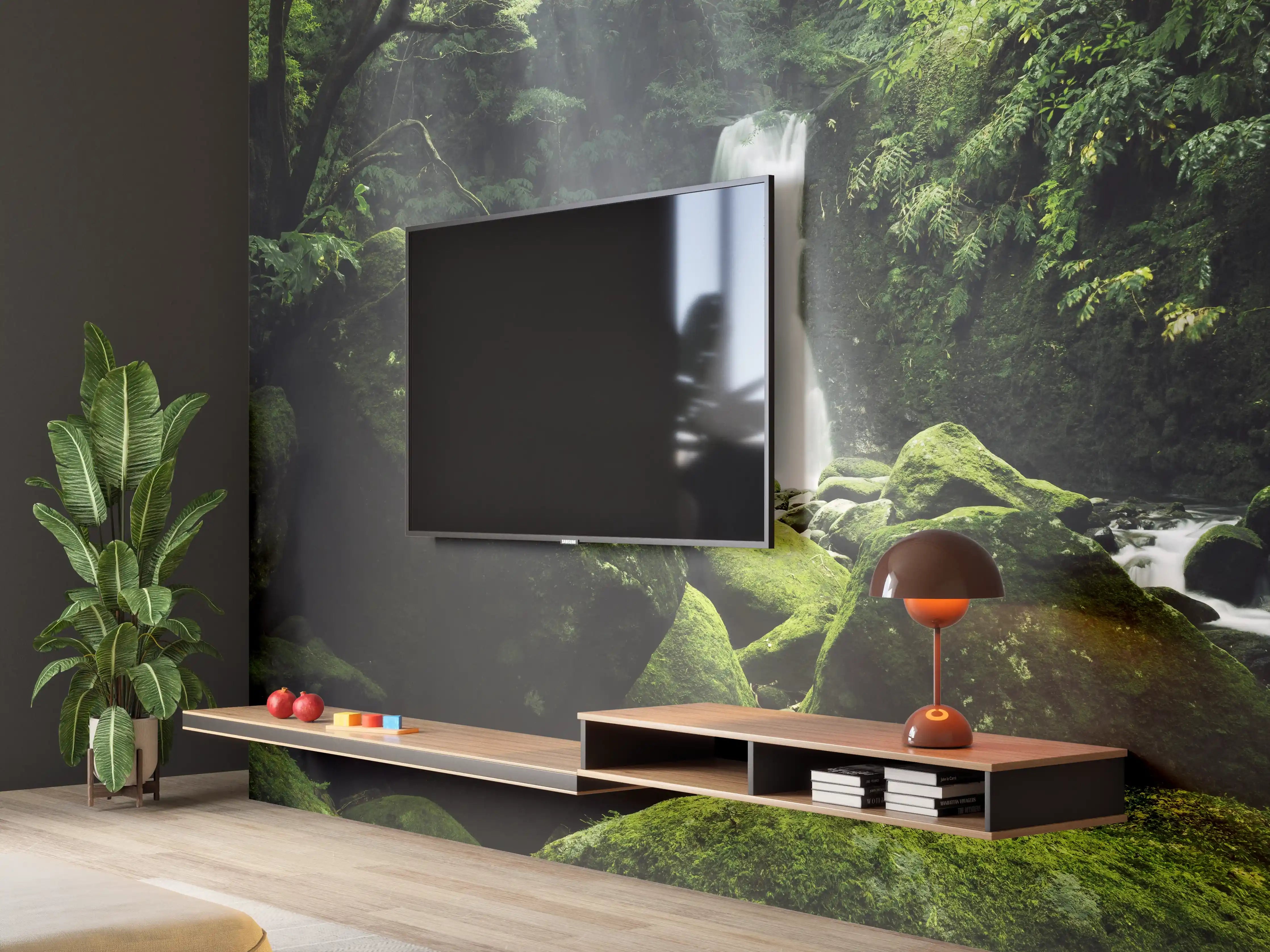 Wandverkleidung Wohnzimmer - Mystische Wasserfall-Landschaft im Grünen